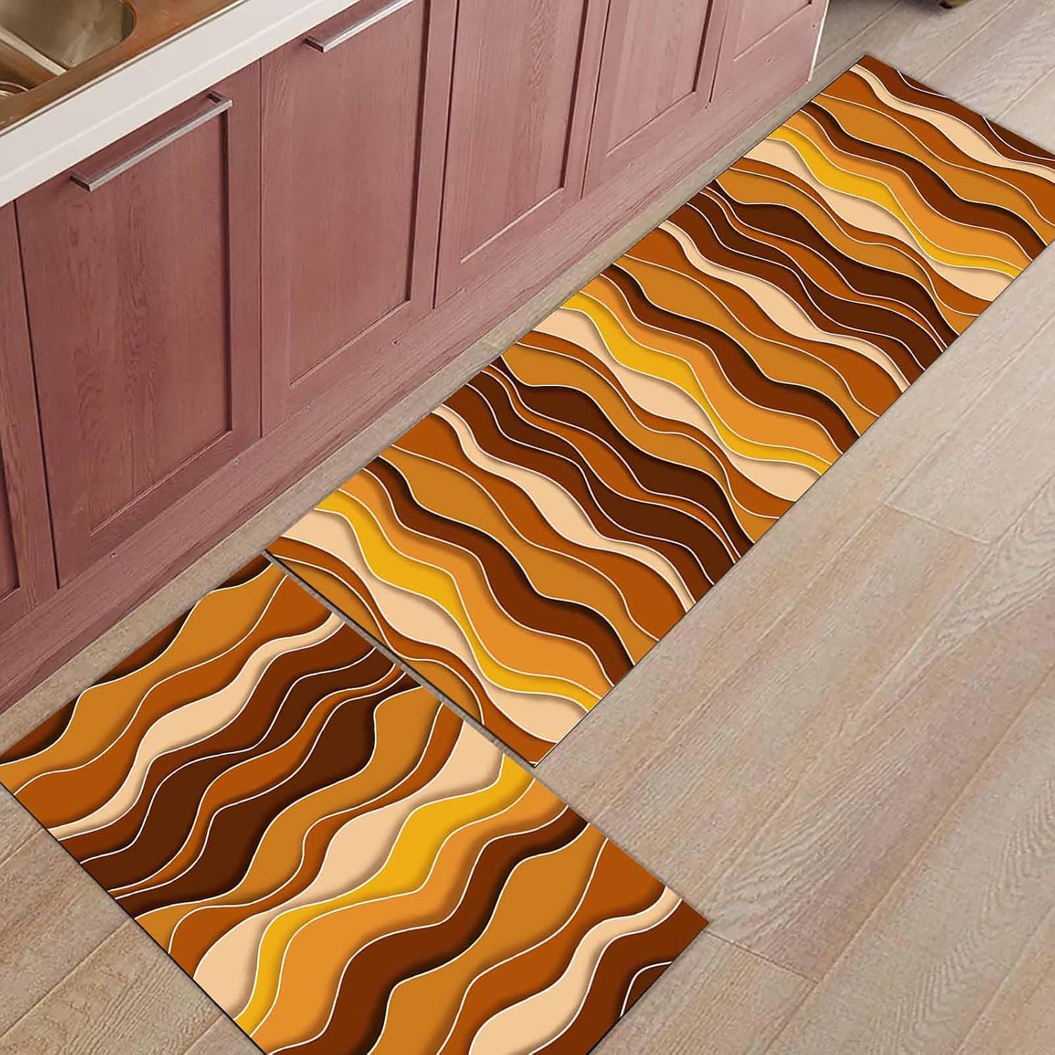 2 Pieces Kitchen Rugs and Mats,Modern Orange Gradient Ocean Waves Area Runner Rug Set Non Slip Floor Doormat Washable Carpet Standing Mat for Kitchen Sink Indoor Corridor,Farmhouse Abstract Lines