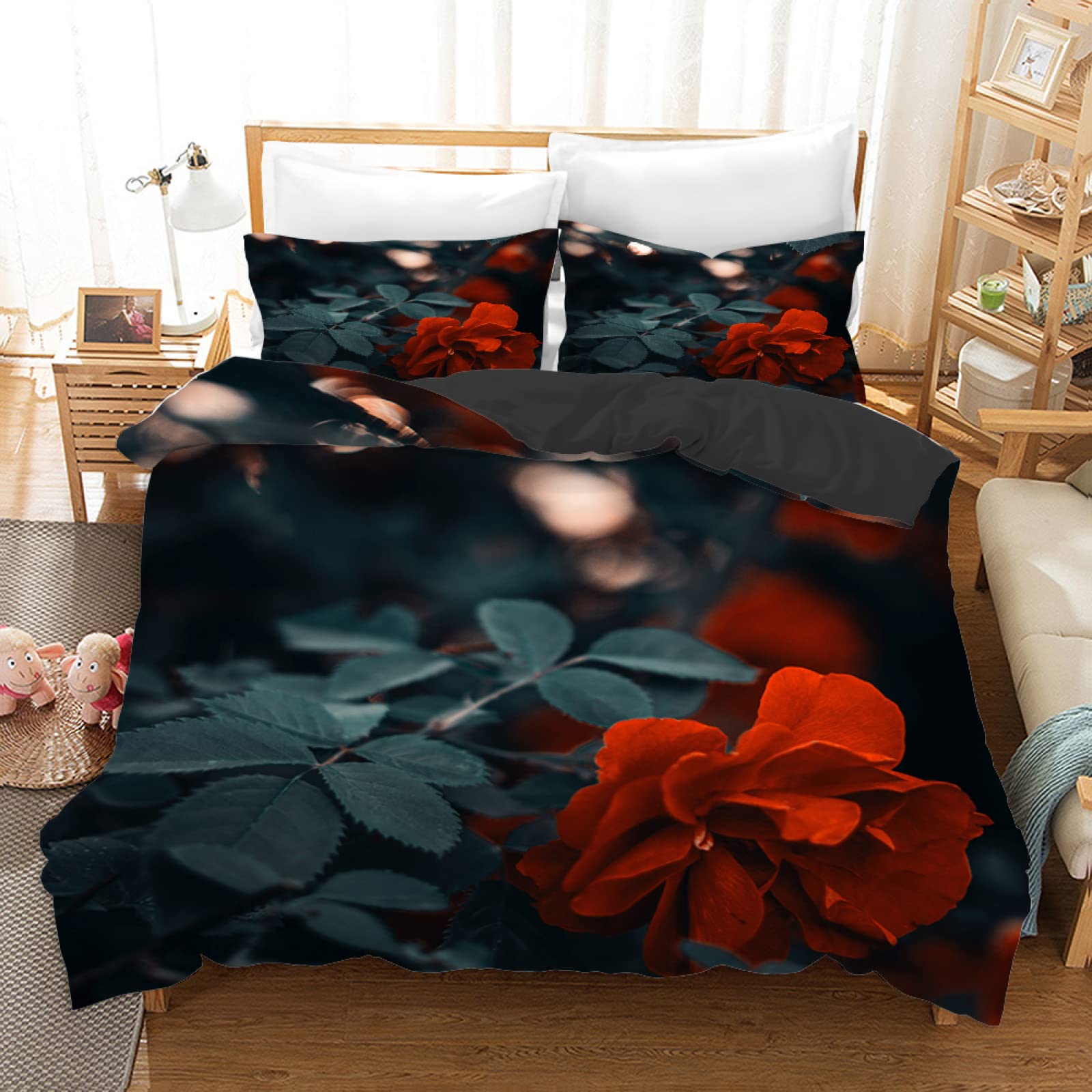 Parure housse de couette 140x200 feuilles rouges pour lit enfant et ado