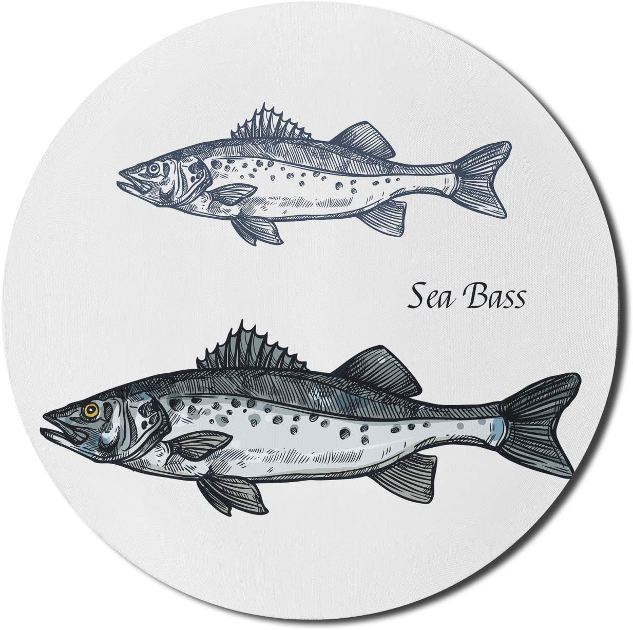 Lunarable Bass Fish Mouse Pad for Computers, Highly Detailed Japanese Suzuki Sketch Illustration on Plain Backdrop, Round Non-Slip Thick Rubber Modern Gaming Mousepad, 8 Round, White and Pale Taupe