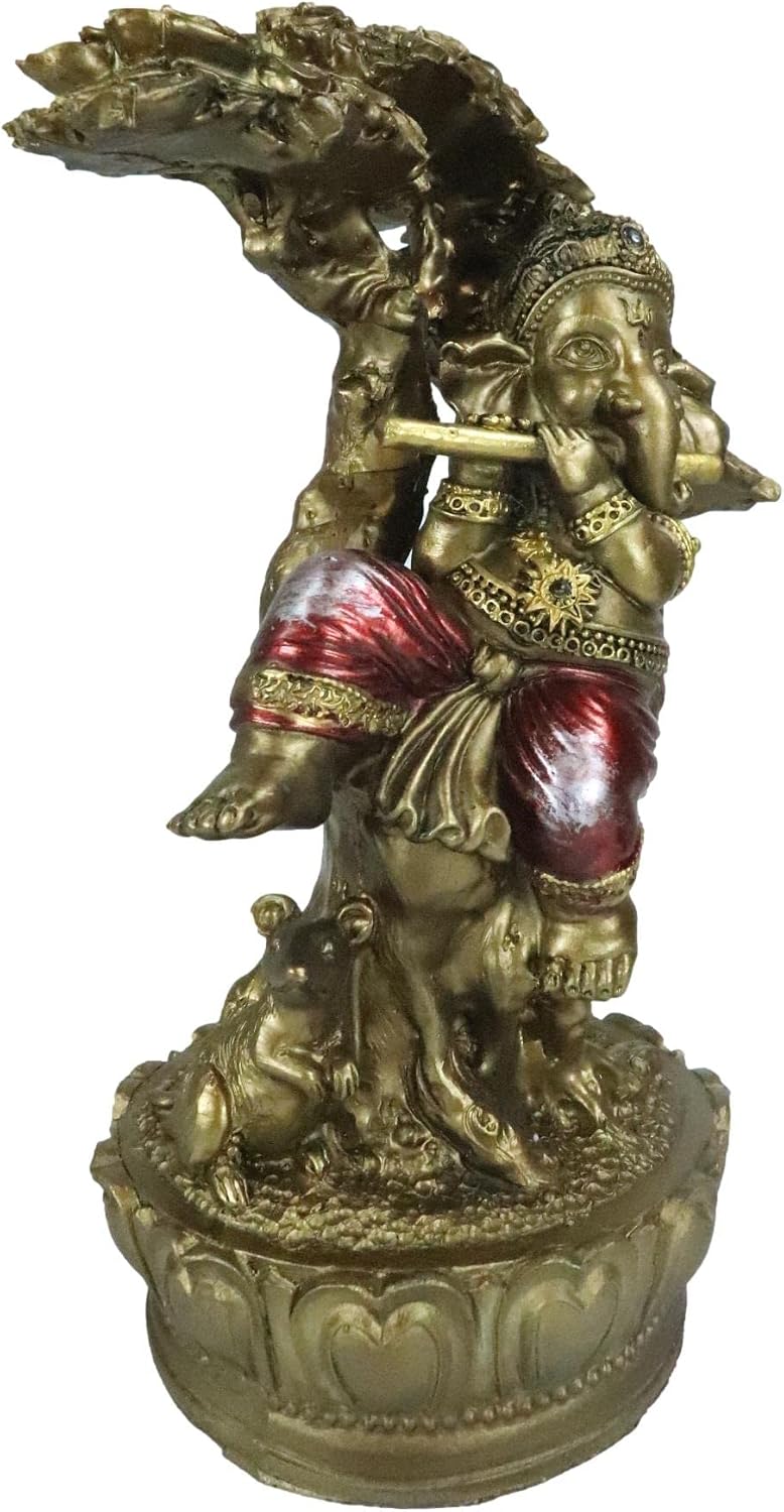 Ebros Gift Eastern Enlightenment Vastu Hindu God Deity Ganesha Ganapati Playing A Flute Perching On The Tree of Life by Mouse Figurine Hinduism Accent