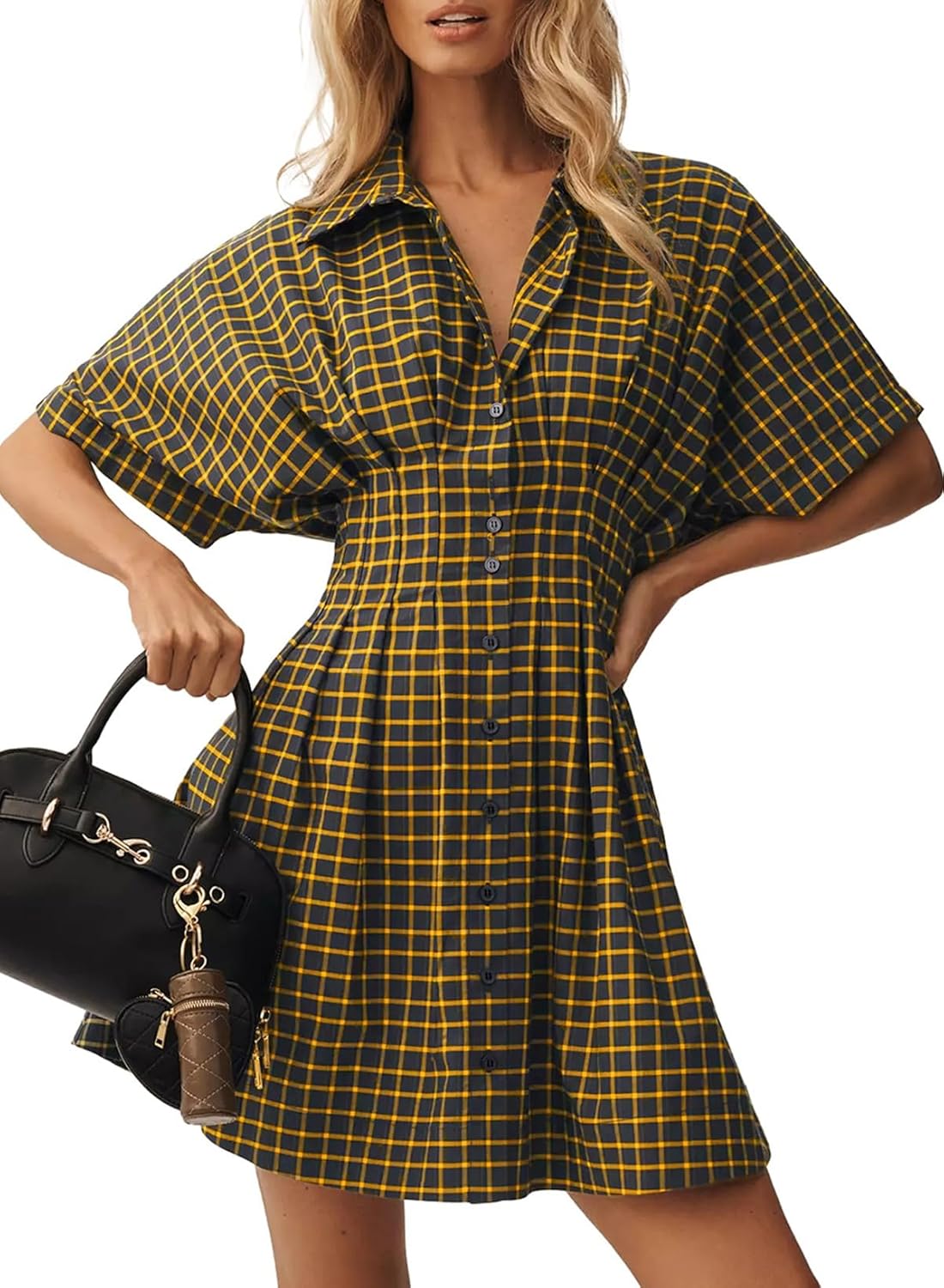 Dokotoo Women's Shirt Dress Casual Button Down Short Sleeve Collared Dresses Summer Shirred High Waist Plaid Gingham Dress