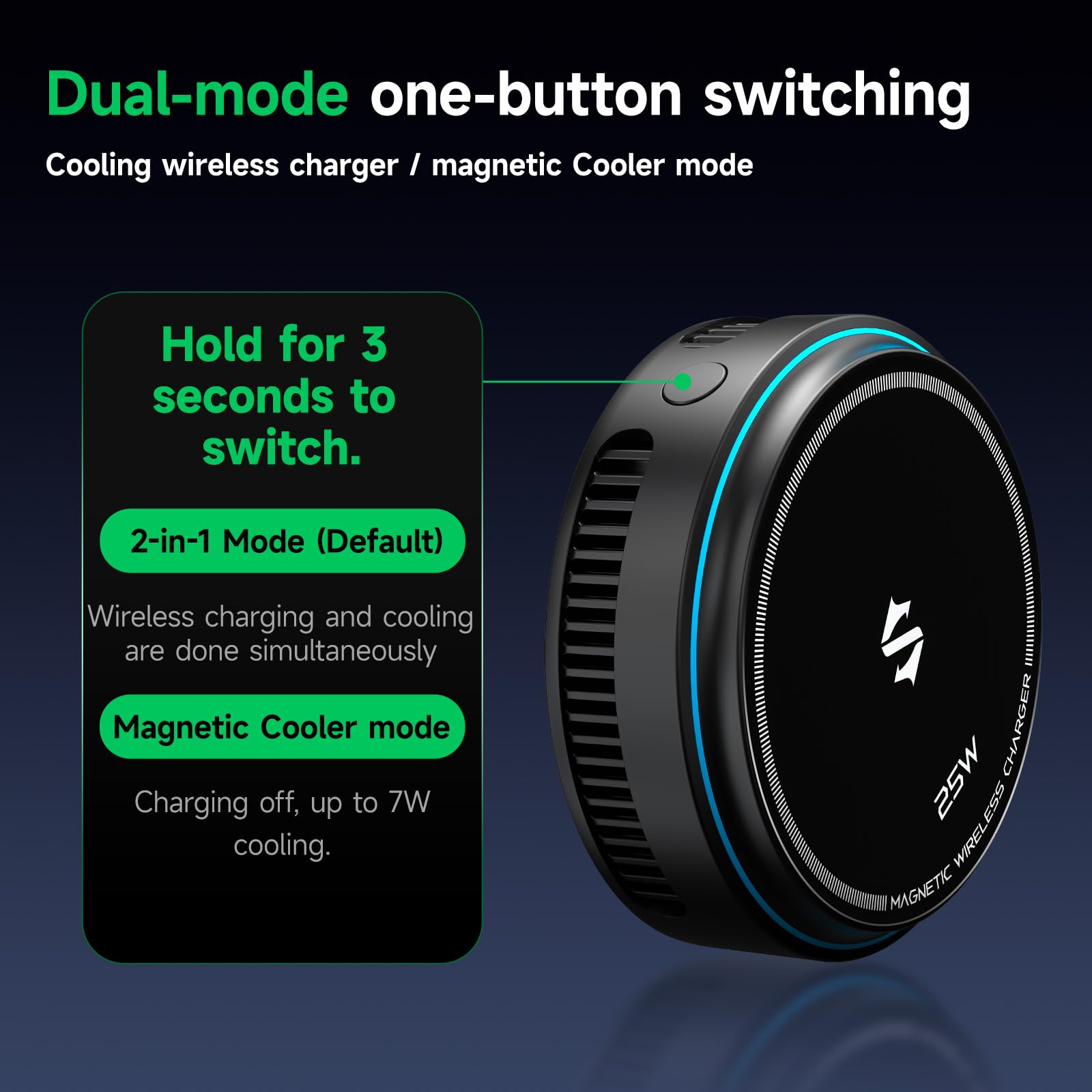 Black Shark Caricabatterie wireless con ventola di raffreddamento, 25 W pad magnetico a due lati compatibile con iPhone 17/16/15/14 Ricarica MagSafe, dispositivo di raffreddamento del telefono per