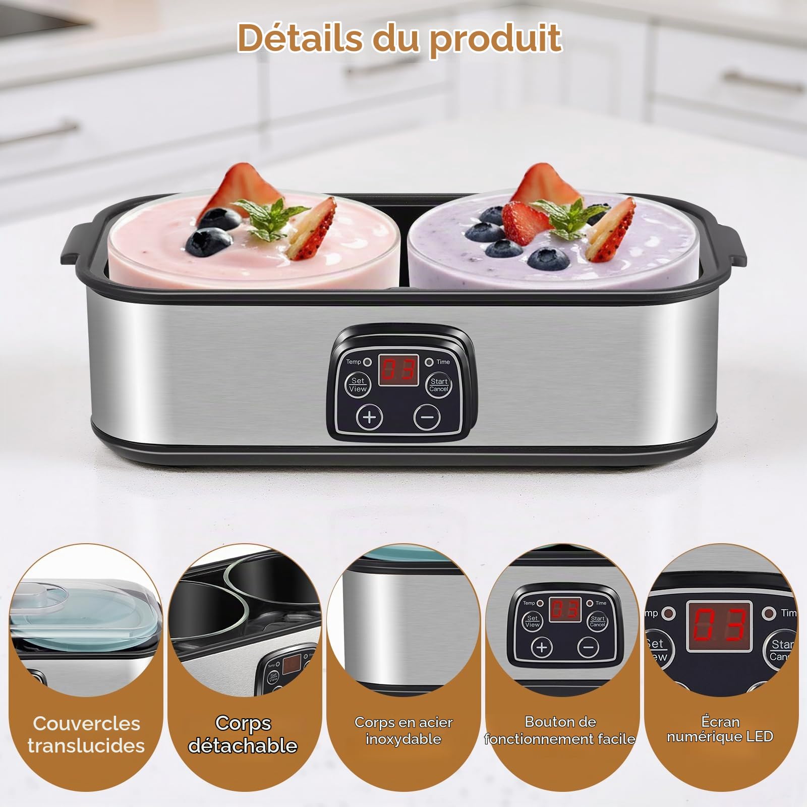 Yaourtière 2 l, yaourtière avec écran LED et 2 récipients en verre de 1000 ml, yaourtière avec température et minuterie réglables, yaourtière pour yaourt bio, fromage, natto, desserts sains