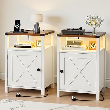BonVache Bedside Table Set of 2 with LED Lights, Bed Side Table with Charging Station, Wooden Nightstand with Open Shelf, Spacious storage, Country Style, White
