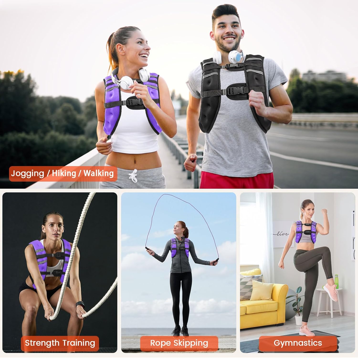 weighted vest, 6lb/8lb/10lb/12lb/16lb/20lb/25lb/30lb weight vest for men women, body weight vests adjustable with reflective stripe for strength training, running, workout, jogging, walking 20 lb purple