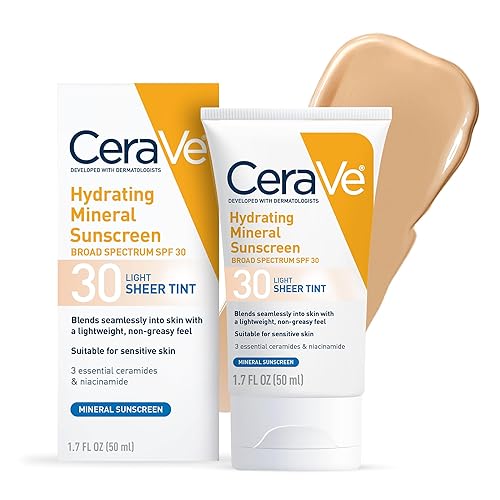 CeraVe Protector solar mineral hidratante SPF 30 con tinte transparente, protector solar mineral tintado con óxido de zinc y dióxido de titanio, se