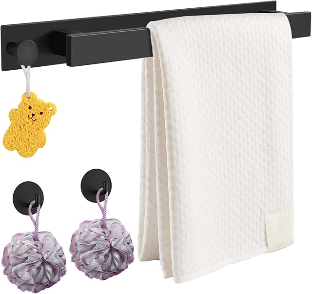 FUNYKICH Bathroom Towel Rail, Self Adhesive Towel Rail Black Towel Holder with 2 Hooks for Bathroom Kitchen, 40cm, SUS304 Stainless Steel, No Drilling Installation