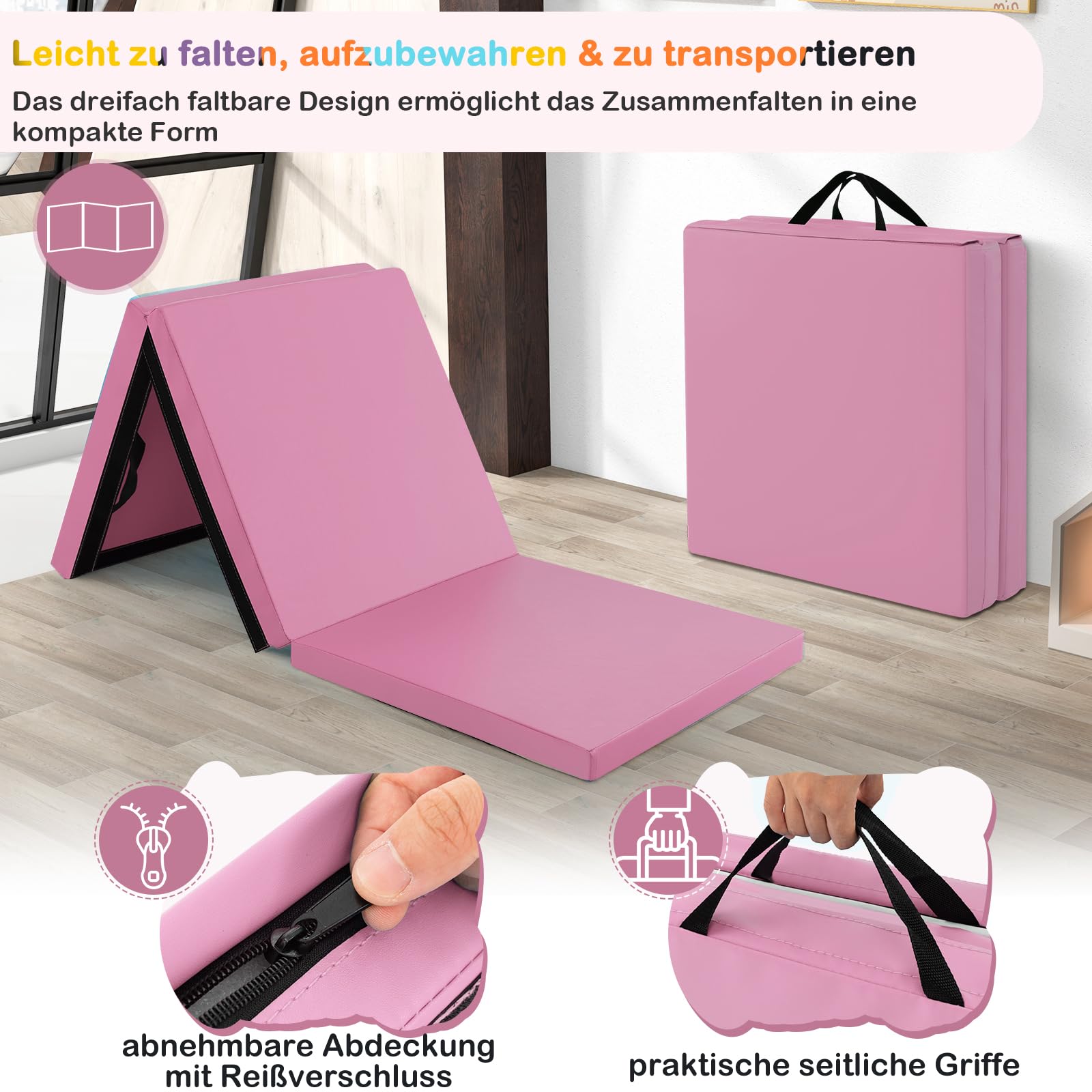 GOPLUS Weichbodenmatte, 180 x 60 x 5 cm Turnmatte rutschfest mit Klettverschlüssen & Tragegriffen, Gymnastikmatte klappbar aus Kunstleder, Turnmatte zum Trainieren von Gymnastik & Yoga