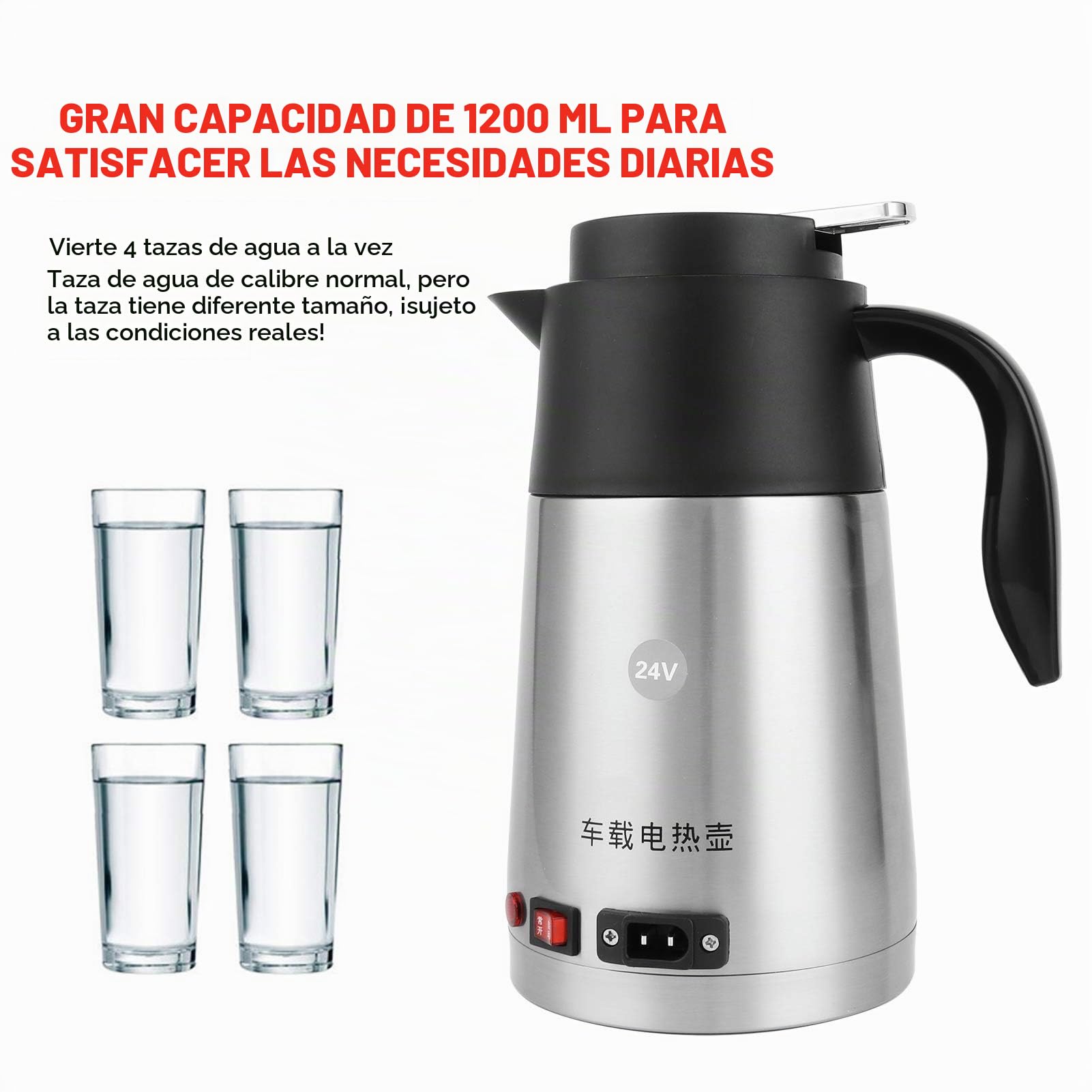 Tyenaza Hervidor Eléctrico para Camiones, 1200ML Hervidors de Calefacción Eléctrica de Camión de 24 V 200W, Acero Inoxidable Pava Eléctrico en el Automóvil, para Familia, Oficina, Agua, Café, Leche