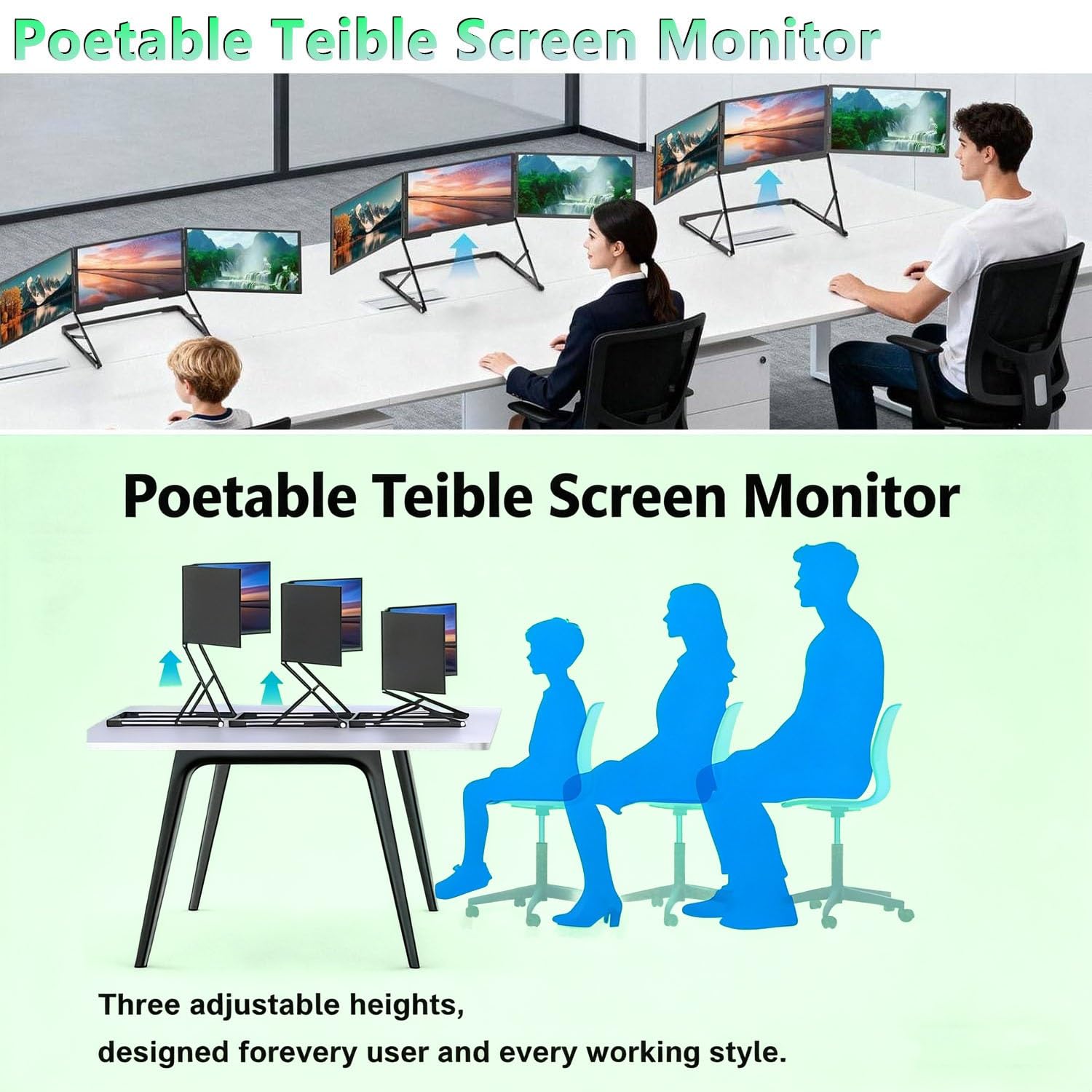 Przenośny potrójny przedłużacz monitora z ekranami IPS FHD 1080P HDR IPS, regulowana wysokość, USB-C i HDMI, kompatybilny z laptopami, aluminiowa konstrukcja