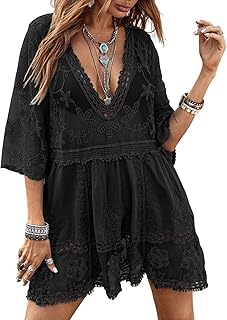 Floerns Women's Contrast Lace Plunging V Neck Bikini Cover Up Beach Dress Bathing Suit