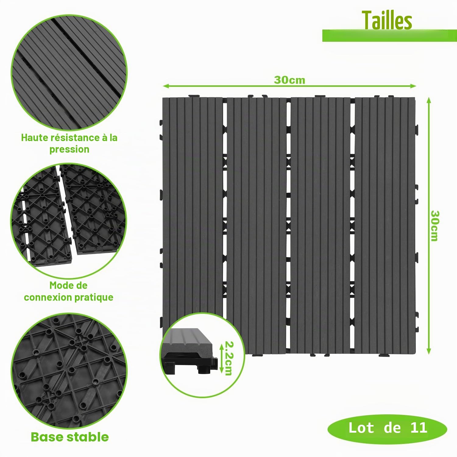 WPC - Lot de 55 dalles de terrasse en bois - 30 x 30 cm - Pour 5 m² - Aspect bois - Revêtement de sol de balcon avec système à clic - Lames étanches pour balcon et terrasse (anthracite)
