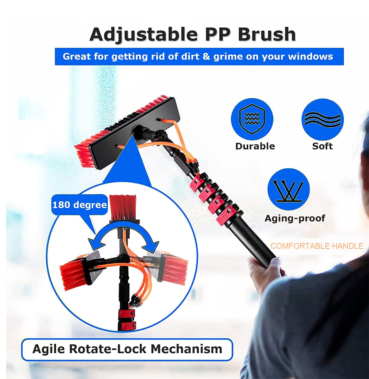 Kit di pulizia per finestre con asta telescopica da 3,6 m con alimentazione idrica: include tubo da 20 m, dispenser di sapone, spazzola estensibile per grondaie, serre e pannelli solari