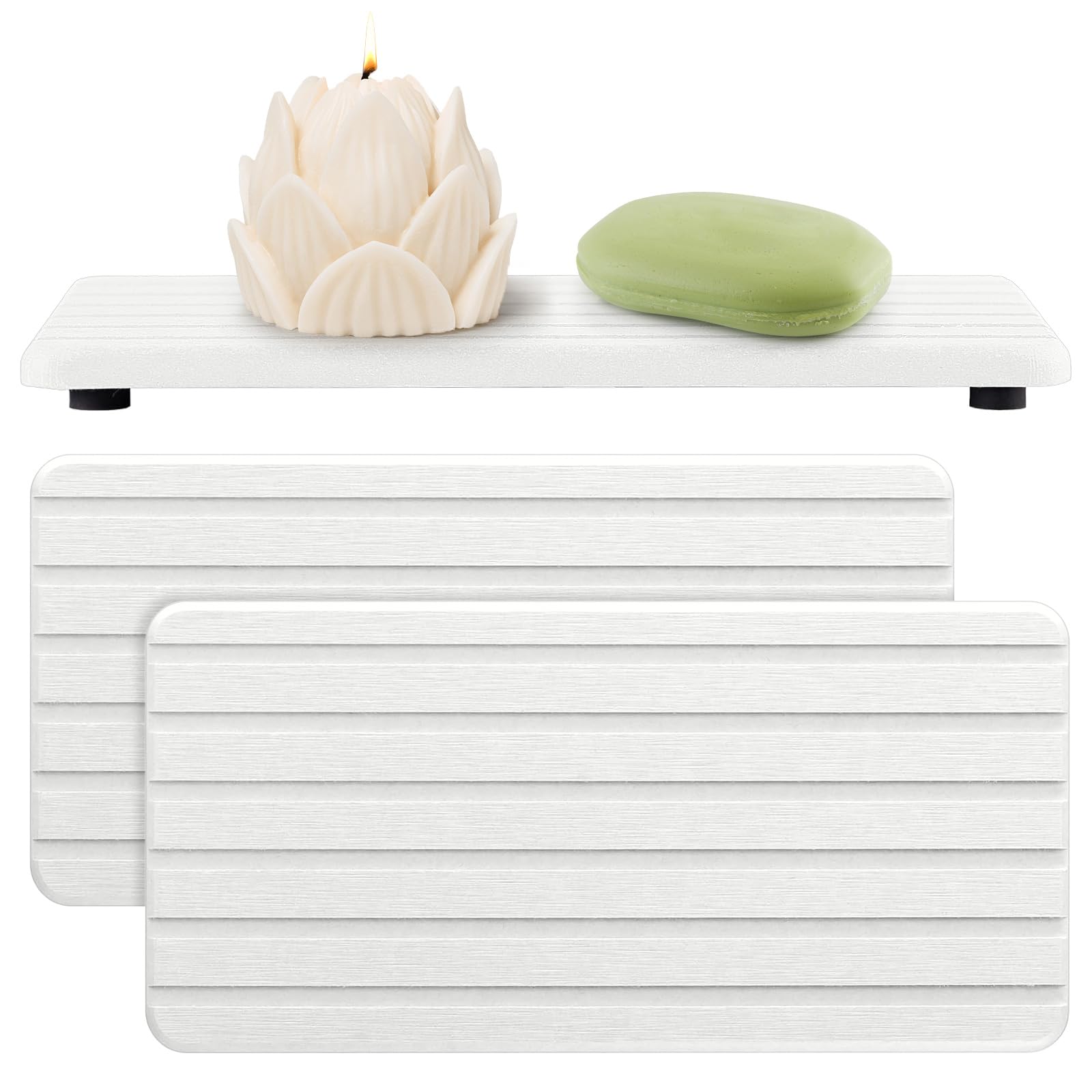 2er Pack Vanity Bathroom Sink Trays,Water Absorbing Stone Drying Tray Mat for Bathroom Sink & Kitchen Counter Organizer, Quick Dry Dish Soap Sponge Holder,Vanity Sink Caddy (White)