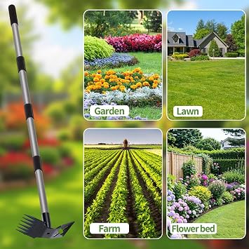 Weed Puller Tool with Long Handle, 150CM Adjustable Heavy Duty Weed Remover Tool with a Pair of Glove, Weeding Tool, 2 in 1 Manual Weed Rake and Garden Hoe for Yard Lawn Patio Garden Driveway