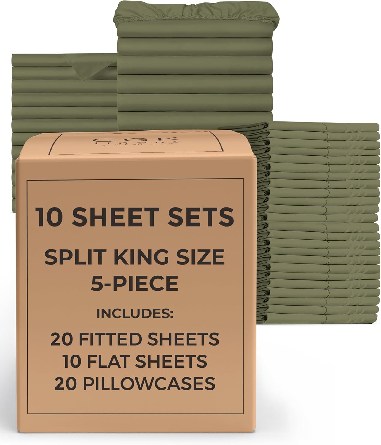 Bulk Case Pack of 10 Sheet Sets - (10) Complete Split King Size Sheet Sets with Deep Pockets - Wholesale Bulk Bedding for Hotels, Spas & Airbnbs - Breathable & Wrinkle Free - (Split King, Sage Green)