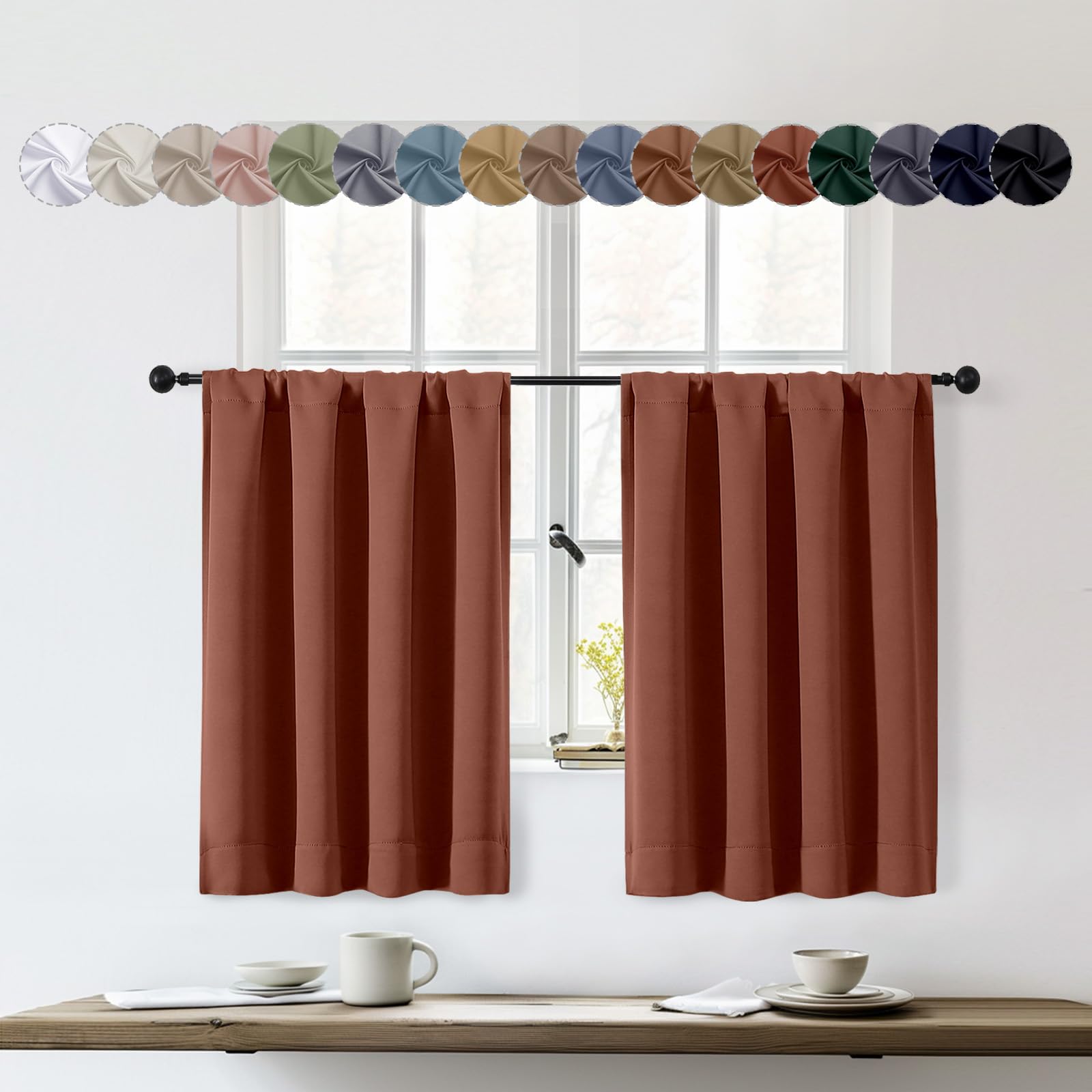 OWENIE Sally Terracotta Short Curtains 36 Inch Length 2 Panels Set, Half Window Small Rod Pocket Privacy Room Darkening Blackout Curtain Tiers for