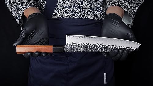 Vista 29 de Cuchillo de chef japonés Santoku de 5 pulgadas, cuchillo de cocina de acero inoxidable de alto carbono AUS10 de 3 capas, cuchillos de chef forjados