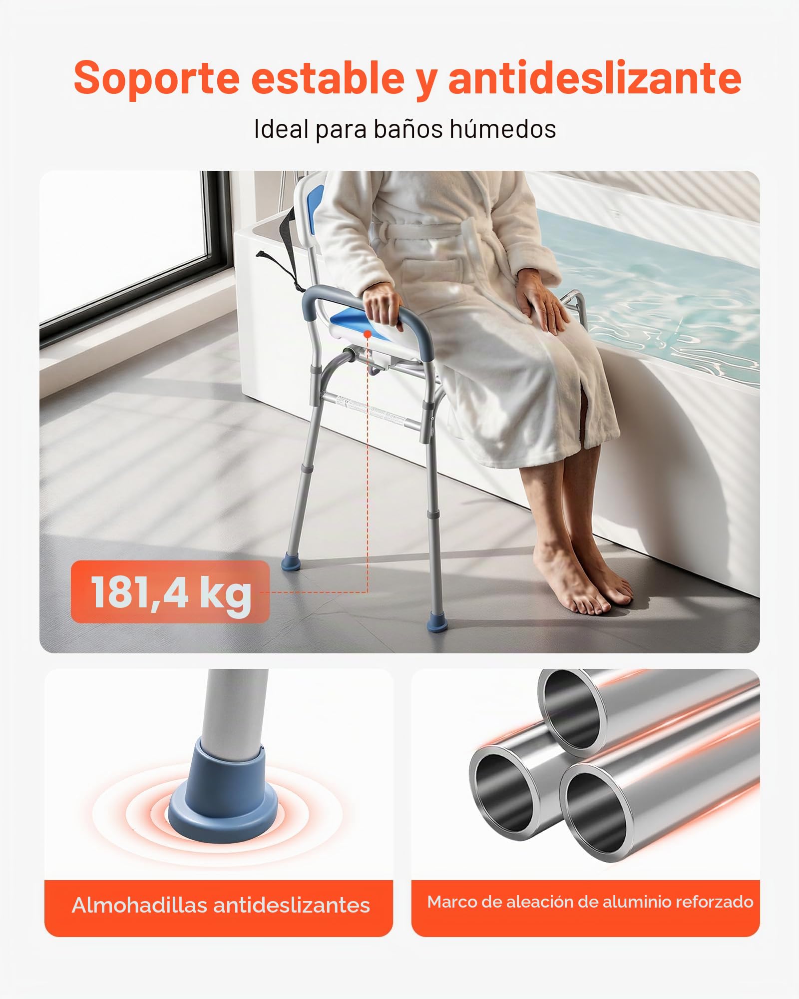 VEVOR Silla de Ducha con Asiento Giratorio, Asiento de Bañera Deslizante Carga de 180 kg, Banco de Transferencia de Bañera con Brazos y Respaldo, Ajuste de Altura 15 Niveles, para Personas Mayores