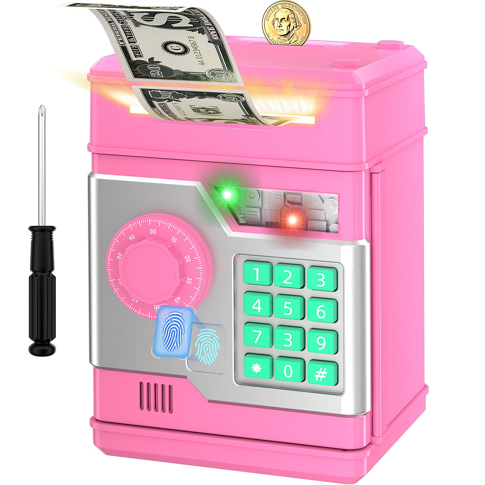 Piggy Bank, Automatic Electronic Piggy Bank for Kids Boys Girls with Password and Fingerprint Unlocking Simulation, Money Bank Kids Safe Toys for 3 4 5 6 7 8 9 10 Year Old Boy Girl (Pink)