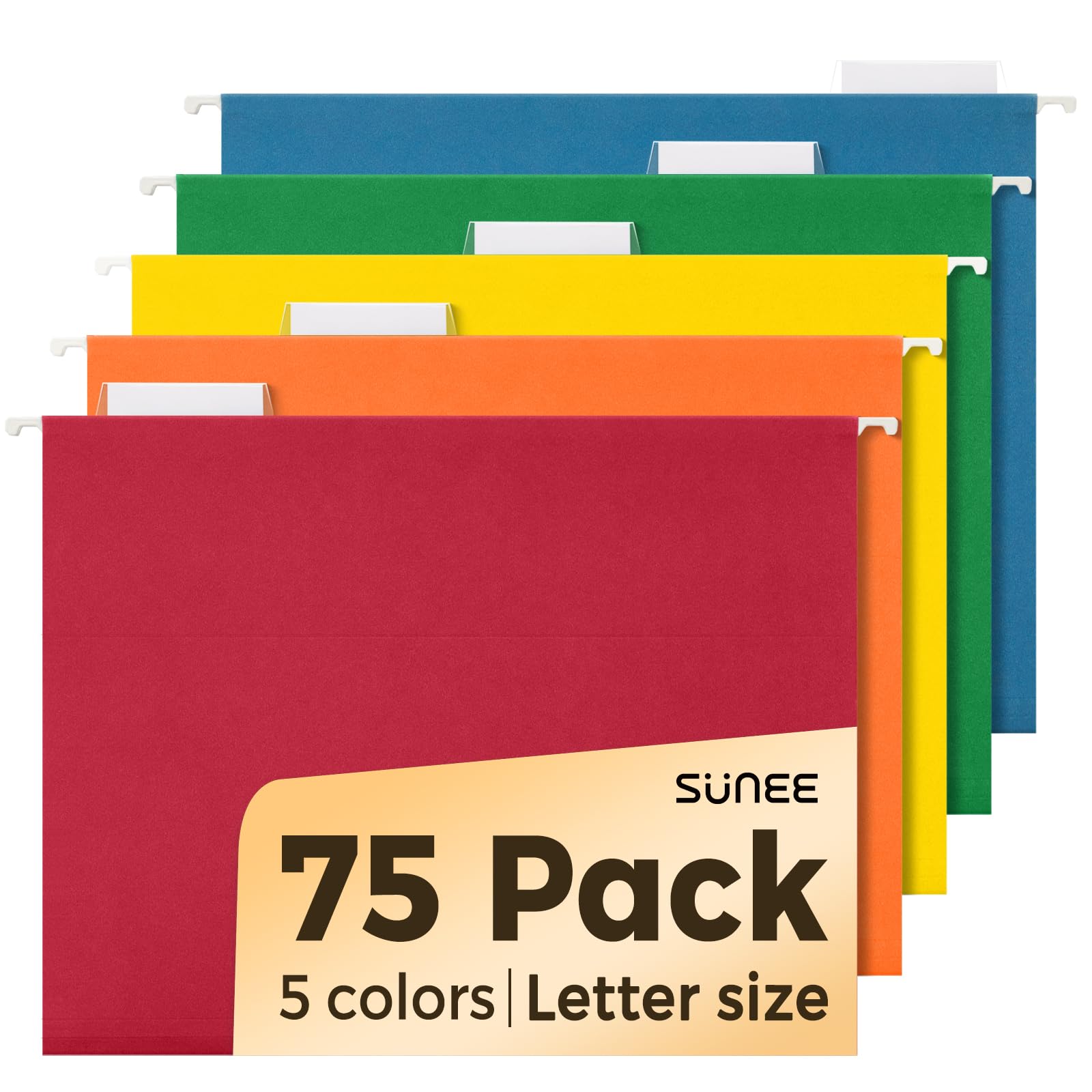 SUNEE Hanging File Folders, Assorted Colors - 75 Pack, Colored File Folders Letter Size with 1/5-Cut Tabs, Ideal for Organizing Home and Office