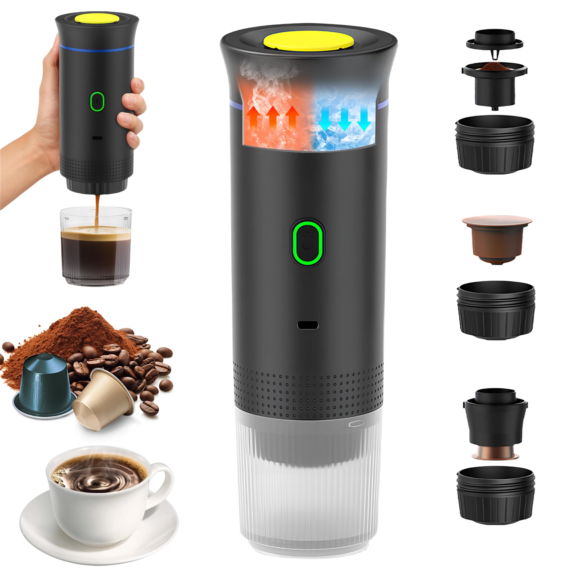Bostar Portable Coffee Machine, 3 in 1 Portable Electric Espresso Coffee Maker Fast Heating Coffee Maker for Camping Travel Compatible with Small Large Capsules Ground Coffee (Black)