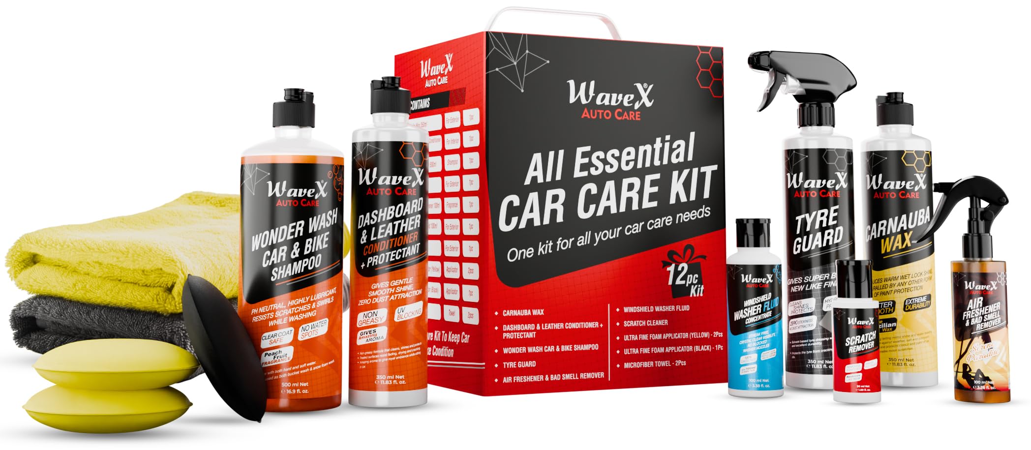 Wavex Car Polish Kit 12 Pcs | Includes Car Dashboard Polish, Car Wax, Tyre Polish, Car Shampoo, Windshield Washer & Car Freshener, Scratch Remover, 2 Cloths, 3 Applicators - Car Washing Kit (B08R1T3RFG) Amazon Price History, Amazon Price Tracker
