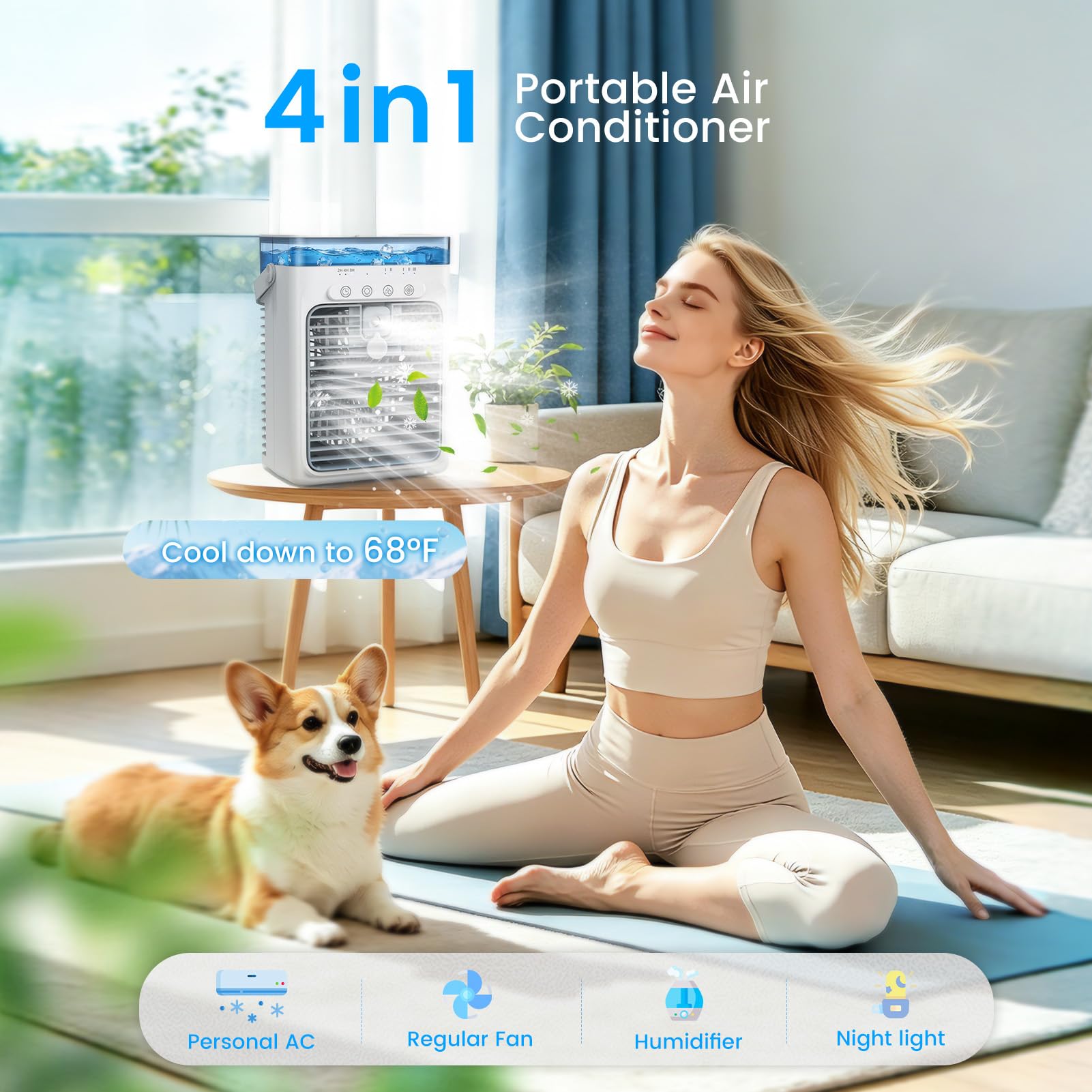 Tragbare Klimaanlagen, 4 in 1 Mini AC Klimaanlage mit 1000 ml Wassertank, 3 Geschwindigkeiten, 2 Nebelmodi, 2/4/8H Timer, Umgebungslicht, USB Verdunstungsluftkühler, Kühlventilator für Camping, Zimmer