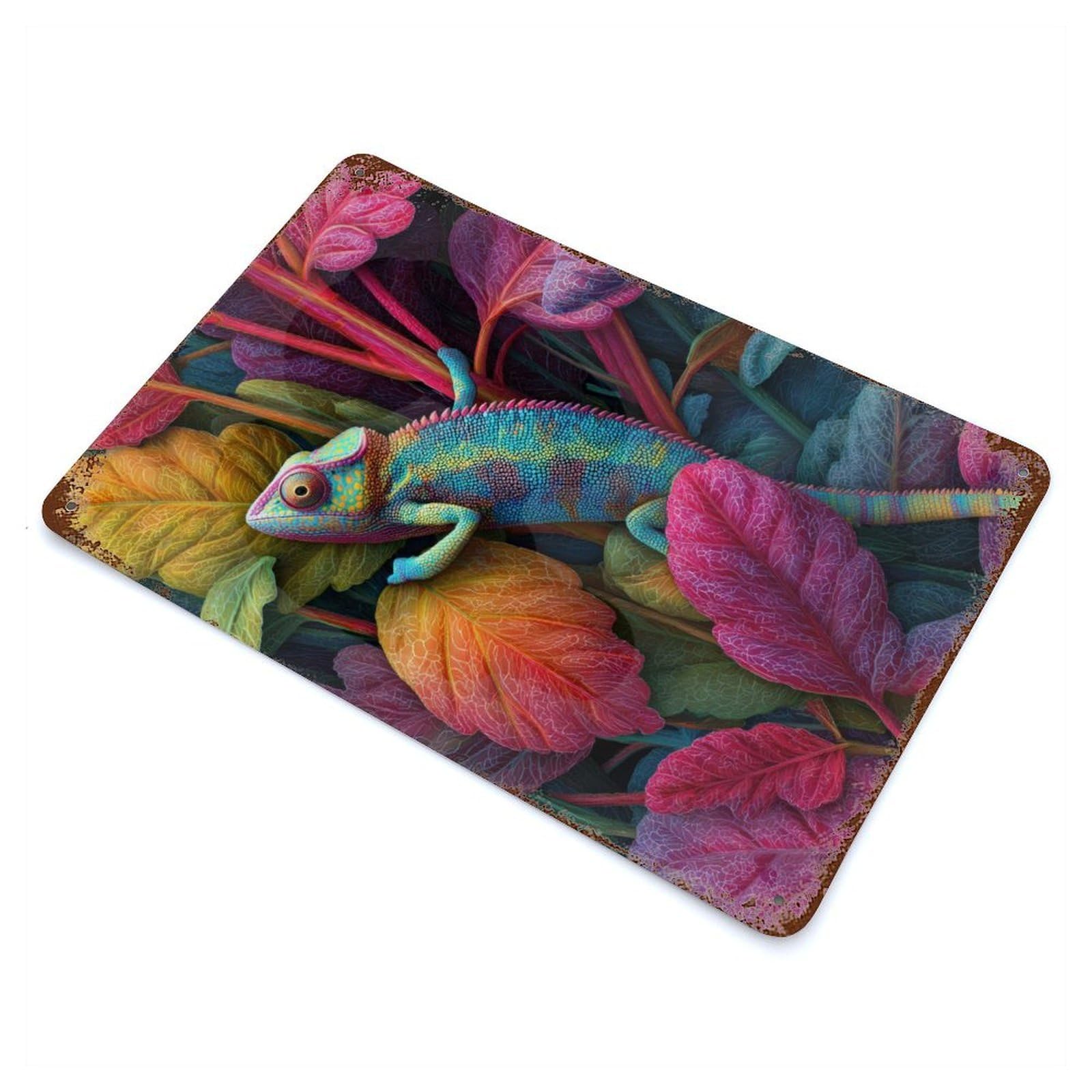 Colorful Chameleon in Vibrant Foliage Vintage Metal Tin Sign 11.8"x7.9", Ideal for Cafe, Home Bar And Lounge Decor