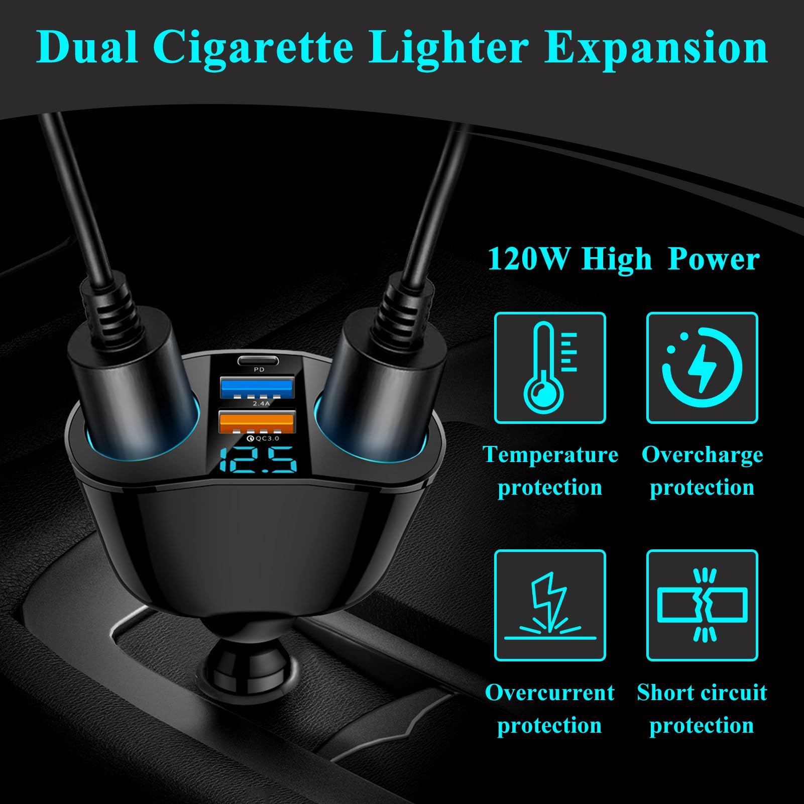 Ładowarka samochodowa zapalniczka papierosowa, zapalniczka samochodowa, szybkie ładowanie, USB C QC3.0 i PD 120 W 12 V/24 V, adapter zapalniczki z woltomierzem LED, wiele portów USB, szybkie ładowanie