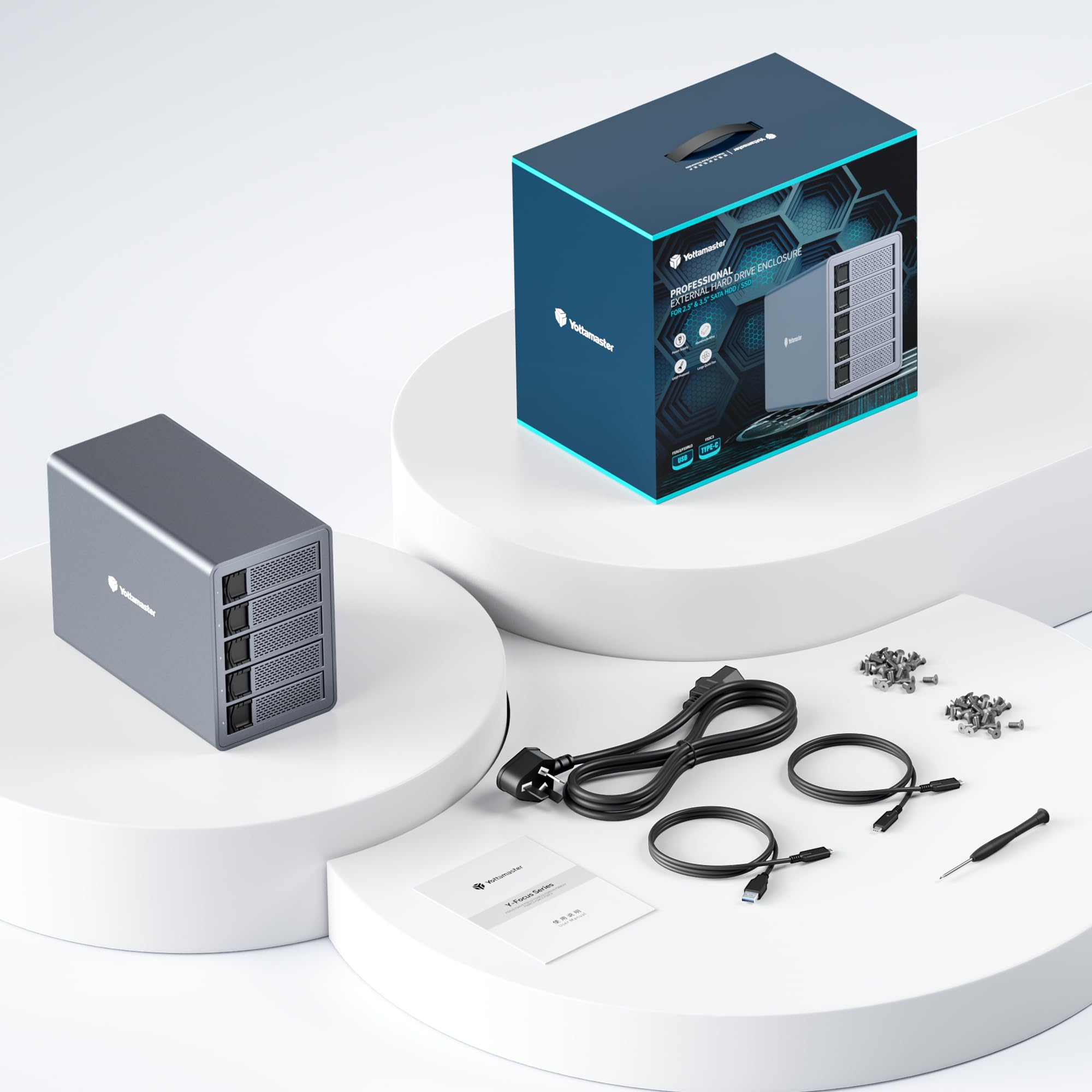 Yottamaster 10Gbps 5 Baies Boîtier Disque Dur, Daisy Chains Externe Type-C pour 2.5"/3.5" HDD/SSD Jusqu’à 5 × 24 to Expansion vers 2 Périphériques USB pour Une Capacité allant jusqu'à 360To