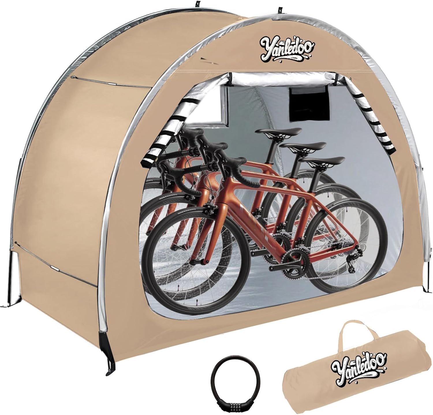 Bike Shed, Outdoor Portable Bike Storage Shed Tent, Bike Tent, Waterproof Bicycle Shelter with 210D Oxford Fabric, Bicycle Cover Fits 2-3 Bikes (Beige)