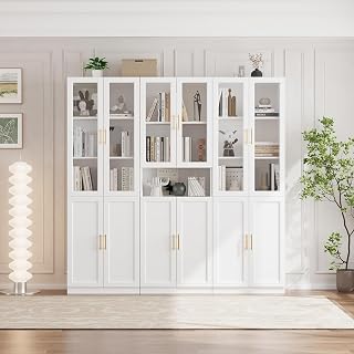 Bookcase with Glass Doors & Drawers, 5 Tier Bookshelf with Adjustable Shelf, Modern Large Storage Display Cabinet Set for Home Office, Living Room, White (ADA)