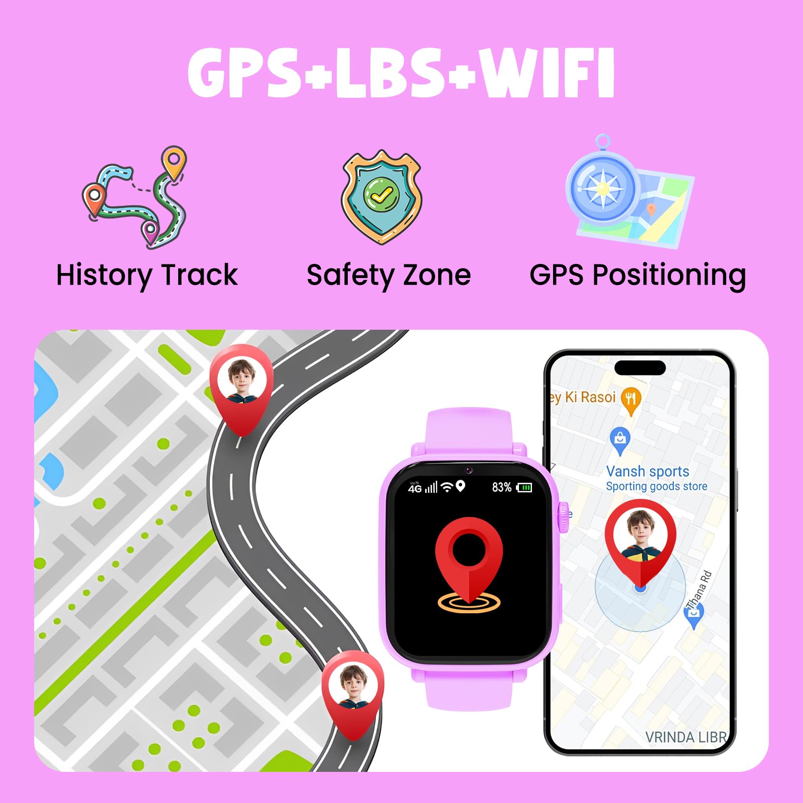 Alutoria Smartwatch per Bambini, Orologio per Bambino Bambina GPS+LBS+Wi-Fi Tracciatrice, SOS 4G Chiamate Chat vocale, Lila