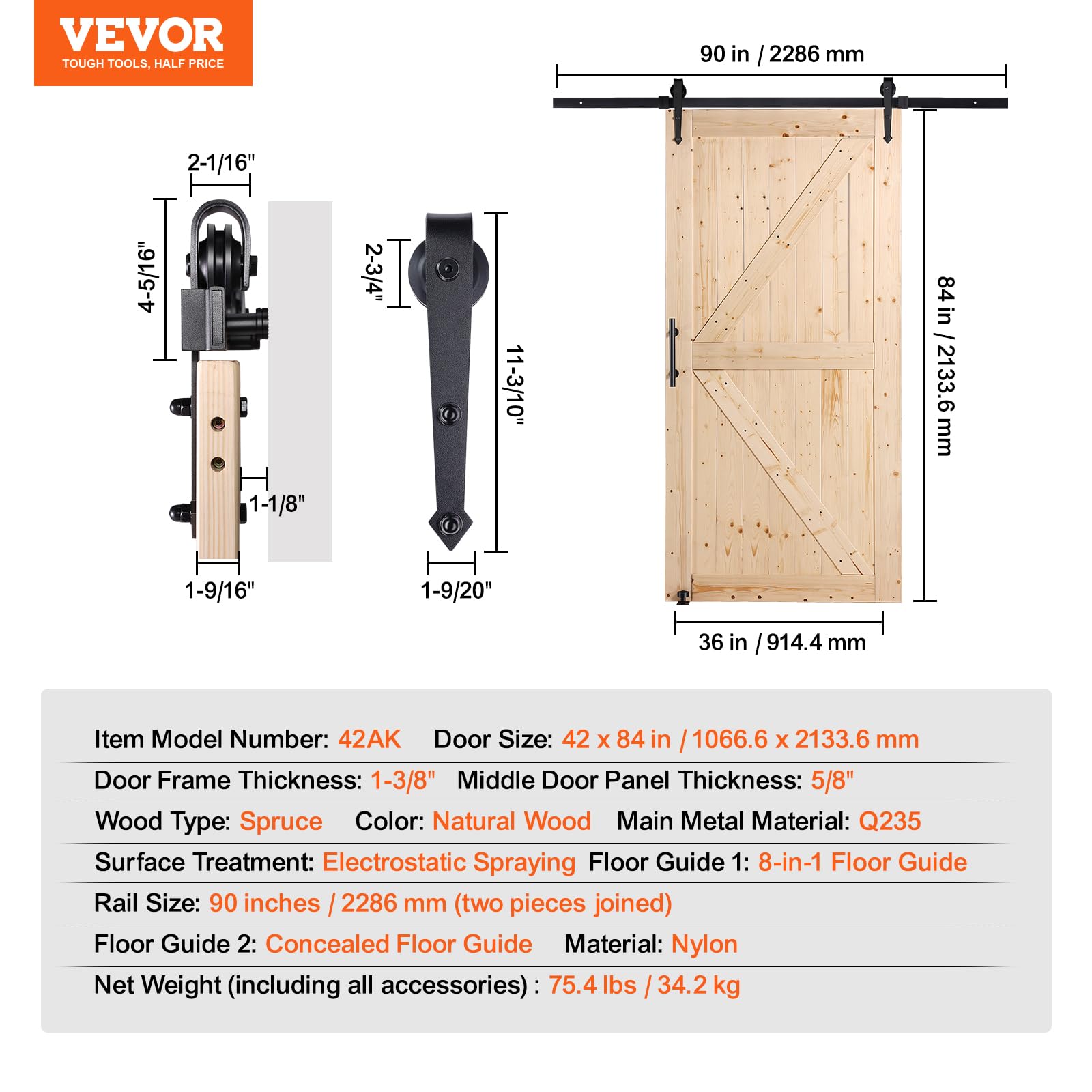 VEVOR Kit de Herrajes y Puerta de Granero Puerta Corrediza de Madera de 1066,8 x 2133,6 mm Kit de Puerta de Granero con Guía de Piso 8 en 1 y Manija de Puerta Losa con Paneles de Madera de Abeto