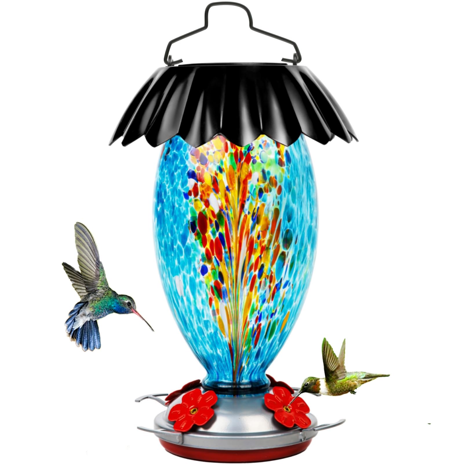 Solar Hummingbird Feeder for Outdoors Hanging Colorful Lighting 32 Oz Hand Blown Glass Hummingbird Feeder for Garden Decoration with Accessories (