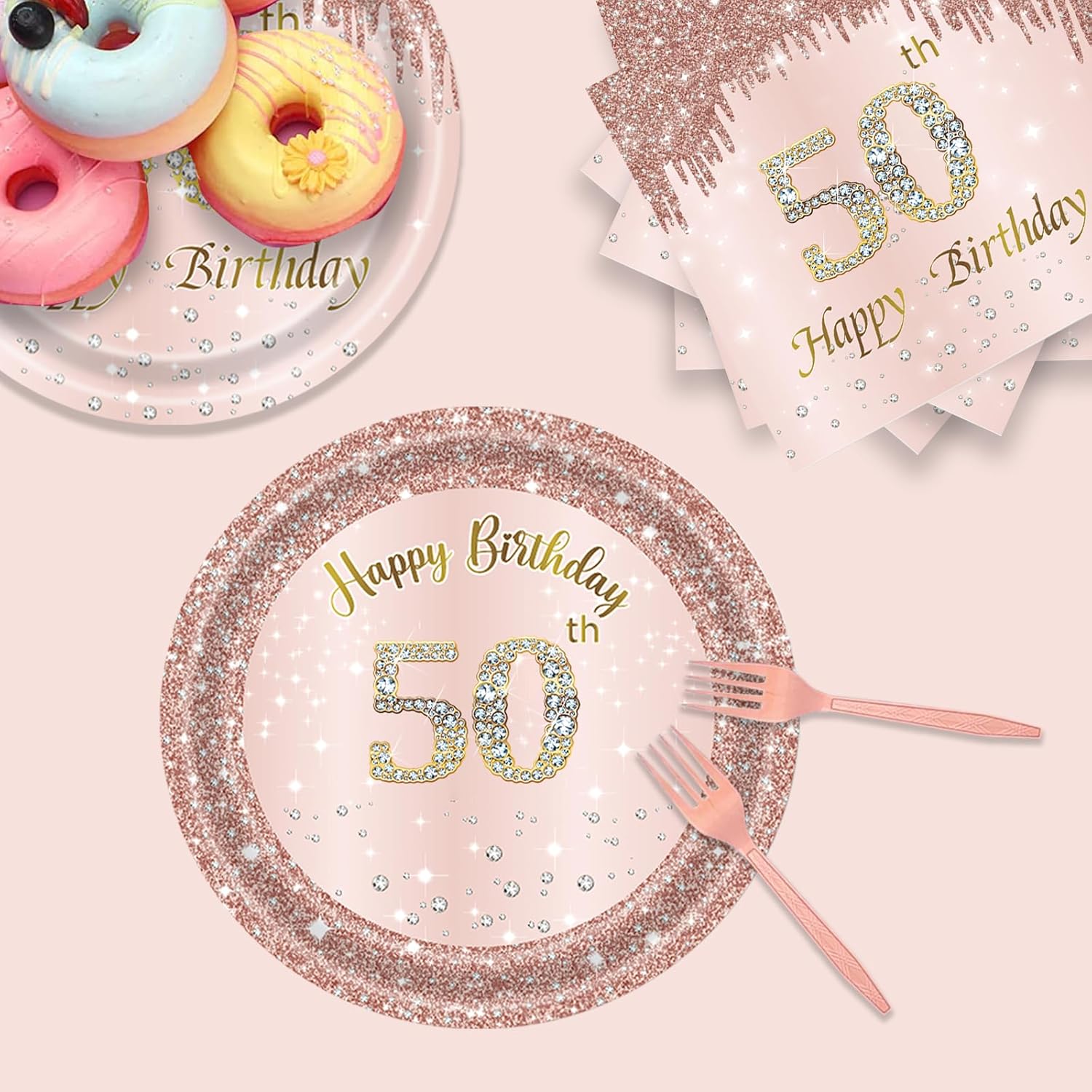 24 Sets 50th Rose Gold Birthday Party Decrations for Women 50 Birthday Plates and Napkins Forks Party Supplies for 50 Year Old Disposable Pink Gold Tableware Set for 24 Guests