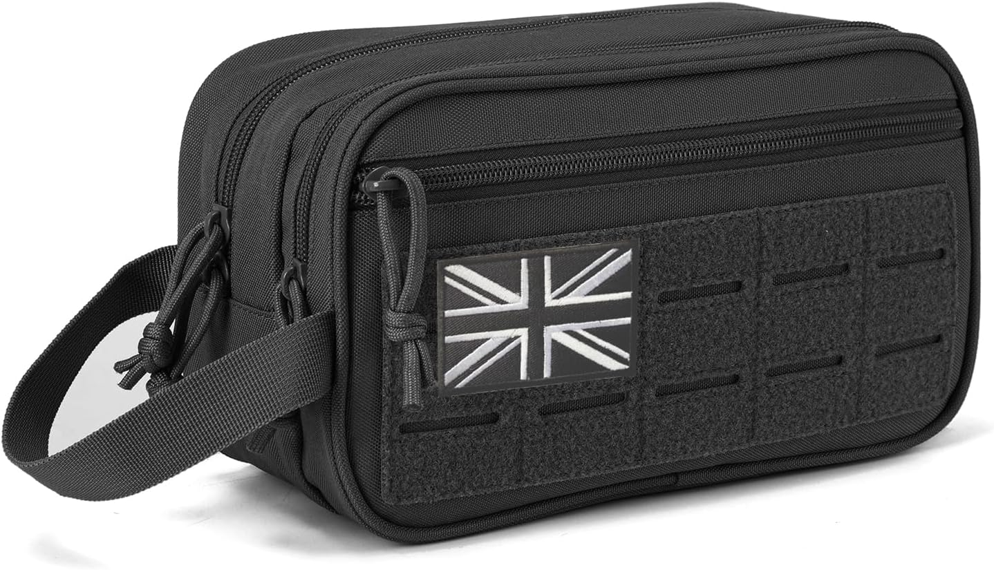 QT&QY Tactical Toiletry Bag for Men Hygiene Bag EDC Military Tool Molle Pouches Small Dopp Kit Mens Shaving Kit Travel Shower Bags with UK Patch