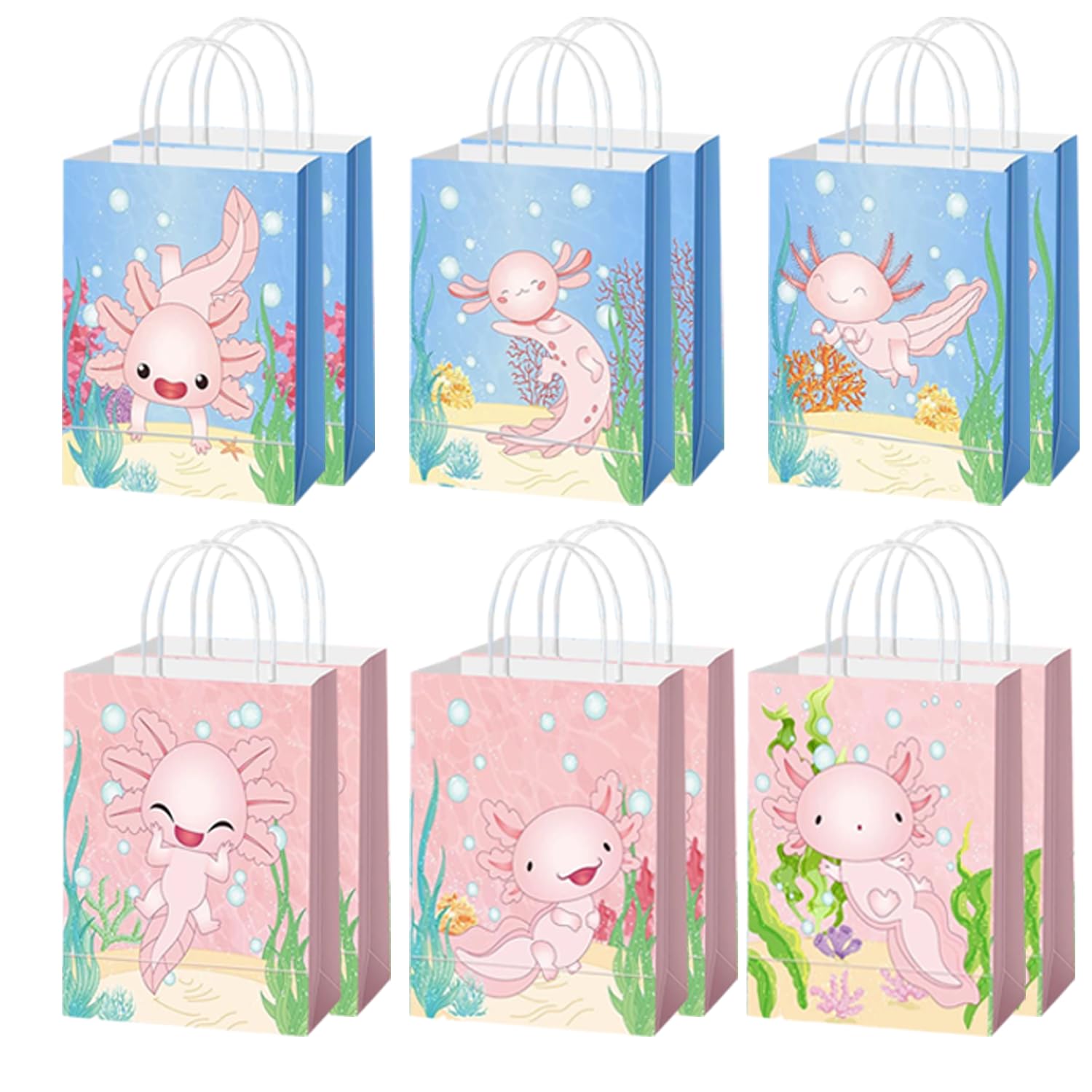 12PCS Paper Party Bags, Cartoon Axolotl Paper Gift Bags with Handles, 6 Styles Kids Party Bag Goodie Bag for Birthday, Wedding
