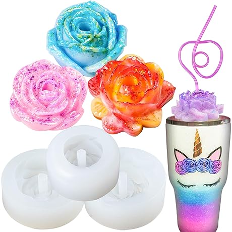 3Pcs Premium Rose Flower Straw Topper Epoxy Resin Silicone Molds