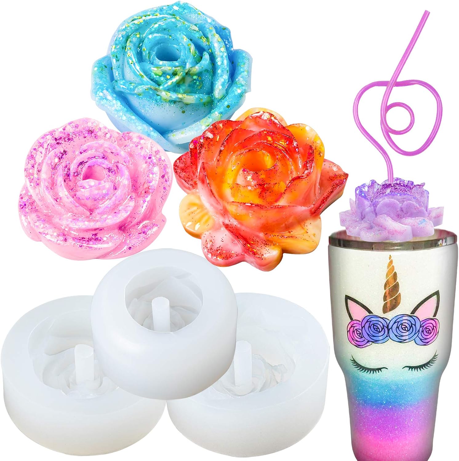 Rose Flower Straw Topper Epoxy Resin Silicone Molds 3-Count Large Diameter 2-2.6inch