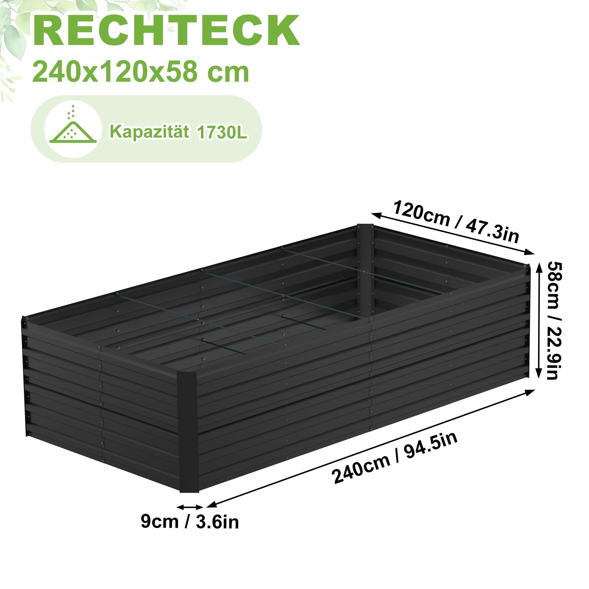 AufuN Jardinera de acero galvanizado, 240 x 120 x 58 cm, rectangular, de metal, acero inoxidable, resistente a la intemperie y a la intemperie, para verduras, hierbas y flores, jardinera para jardín