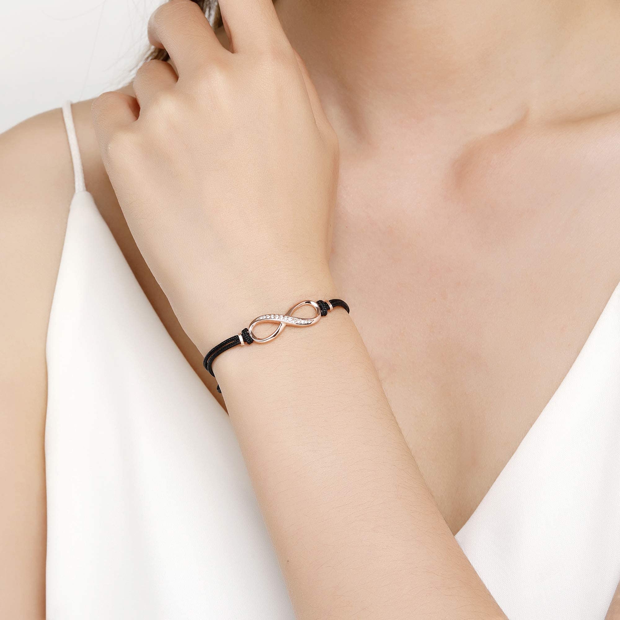 Jrêveinfini Infinito Pulseras Mujer Plata de Ley 925 con 3A Circonia Cúbica, Pulsera Cuerda Hecha a Mano, Regalos Originales Ajustable 16+3cm