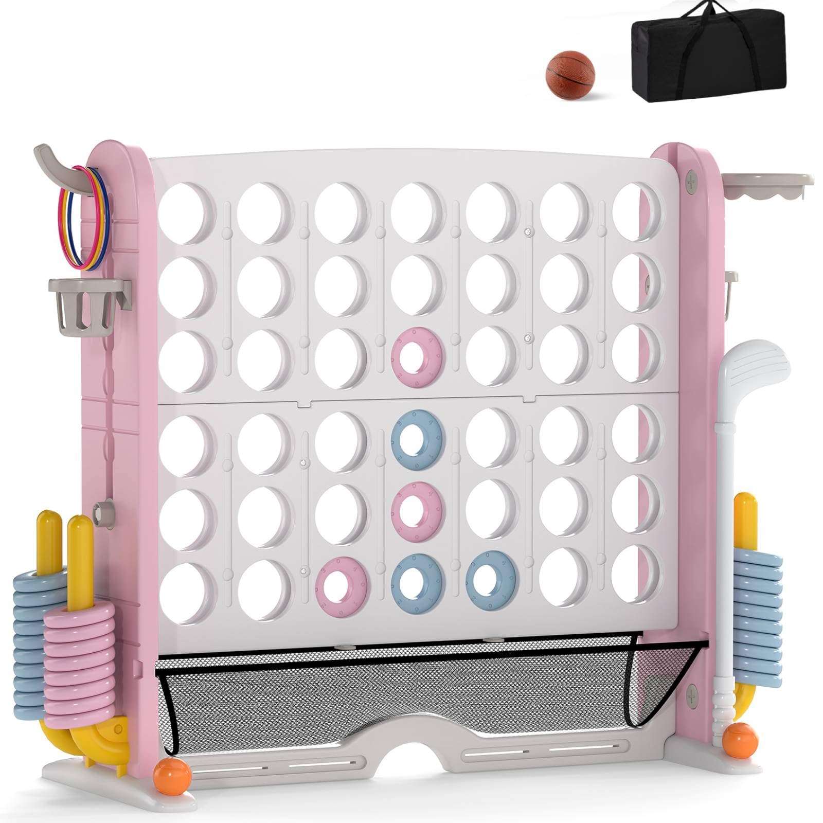 GYMAX Giant 4 in a Row Game, Jumbo Connect 4 Games with 42 Chess Rings, 3 Toss Rings, Basketball Hoop and Carrying Bag, Outdoor Indoor 4 to Score Game for Kids Adults Family (Pink+White)
