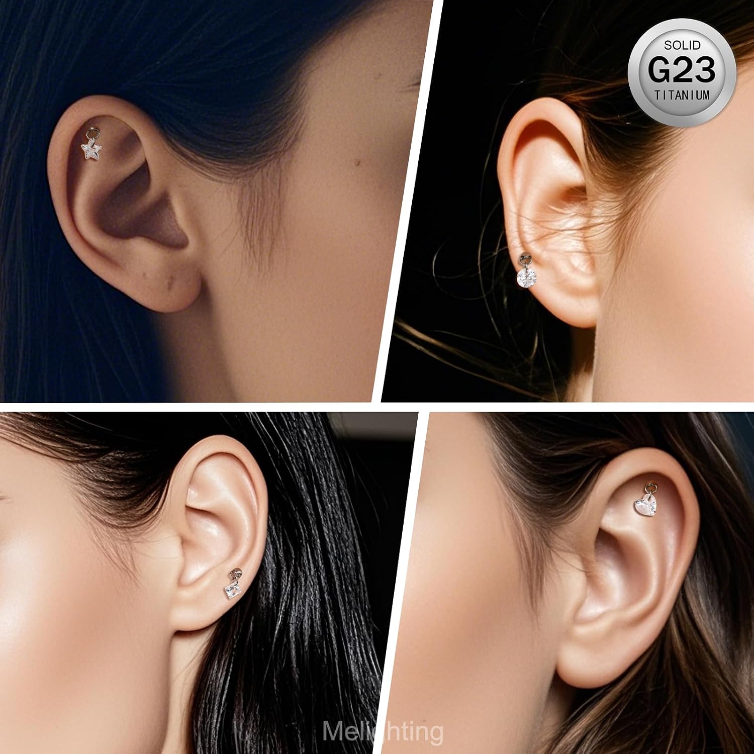 MeIighting Titanium G23 Flat Back Earring 16G Internally Threaded Dangle 6/8 mm Helix Stud Tragus Piercing Jewelry Clear CZ Cartilage Earring Labret Earring for Women