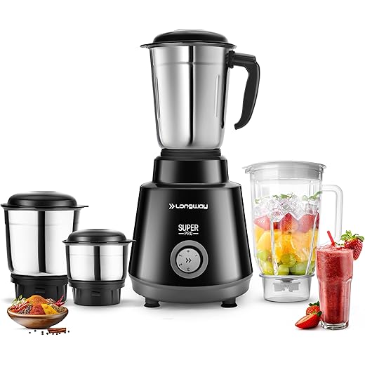 Longway Super Pro 750 Watt Juicer Mixer Grinder with 4 Jars for Grinding, Mixing, Juicing with Powerful Motor | 2 Year Warranty | (Black, 4 Jars)