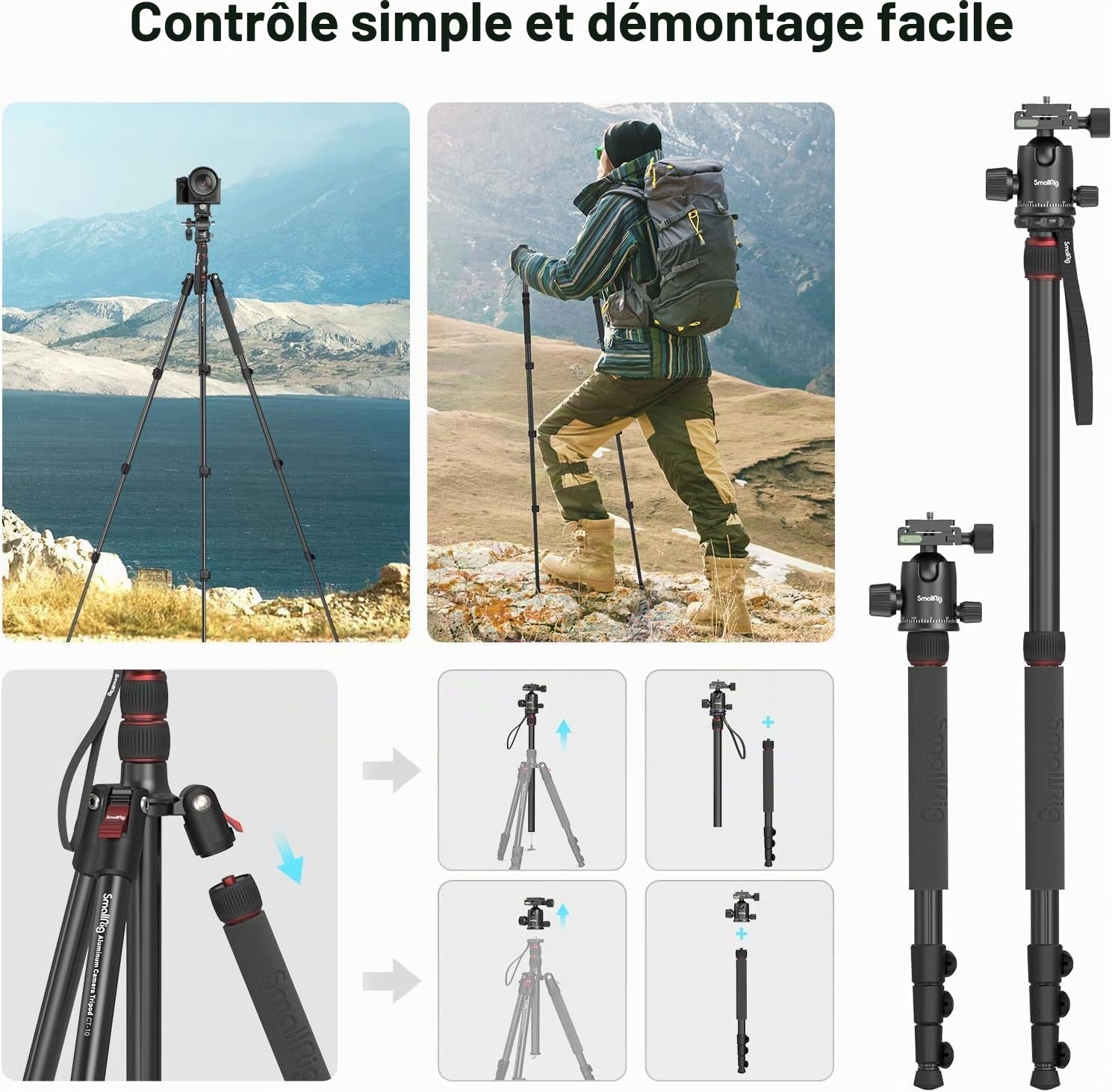SMALLRIG Trépied CT-20 pour Appareil Photo, trépied et Monopode Pliable en Aluminium de 200 cm (78,7 Pouces), rotule détachable à 360°, Charge utile de 15 kg (33 LB)