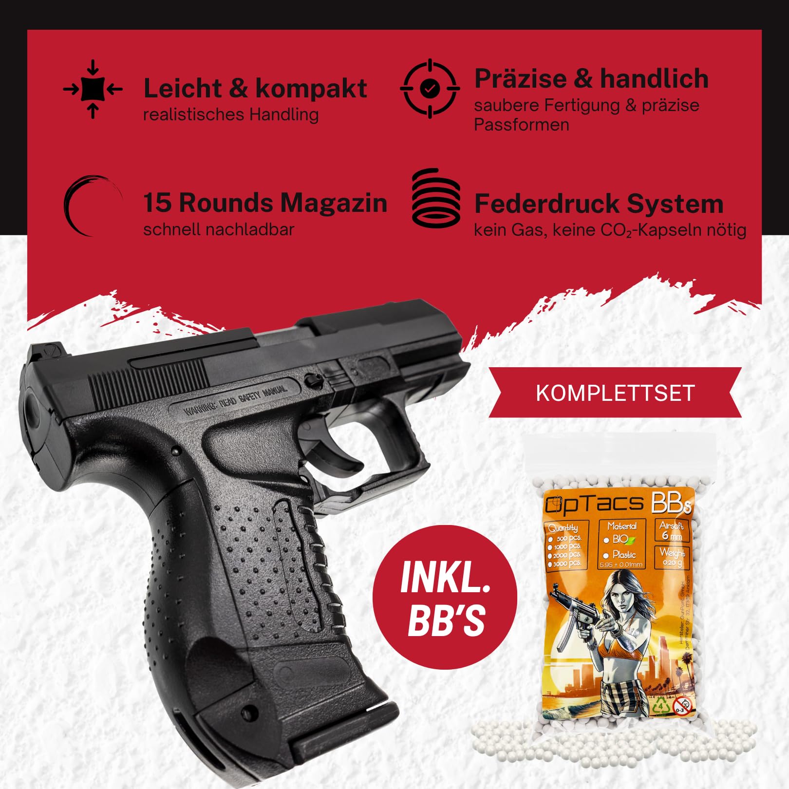 Airsoft Pistole HFC R99 6mm Federdruckpistole Softair Waffe 0,5 Joule – Set inkl. Magazin & 600 Bio BBS 0,20g Munition, Einsteiger, Freizeit & Outdoor <0,5 Joule