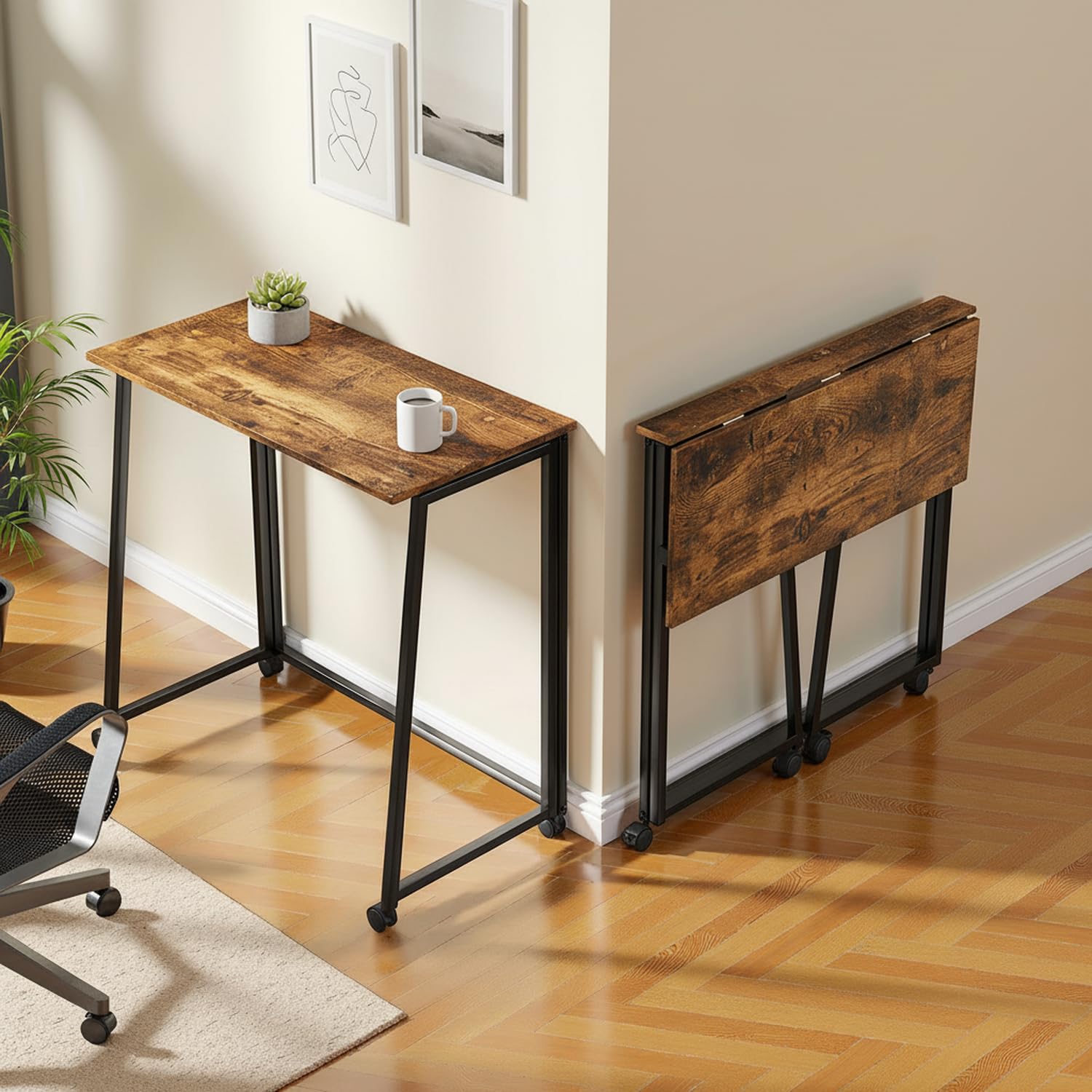 MEUBLE Cosy Mesa de Ordenador Plegable con Ruedas o Patas Ajustables, Ahorro de Espacio, Fácil de Mover, Estilo Moderno, Marrón