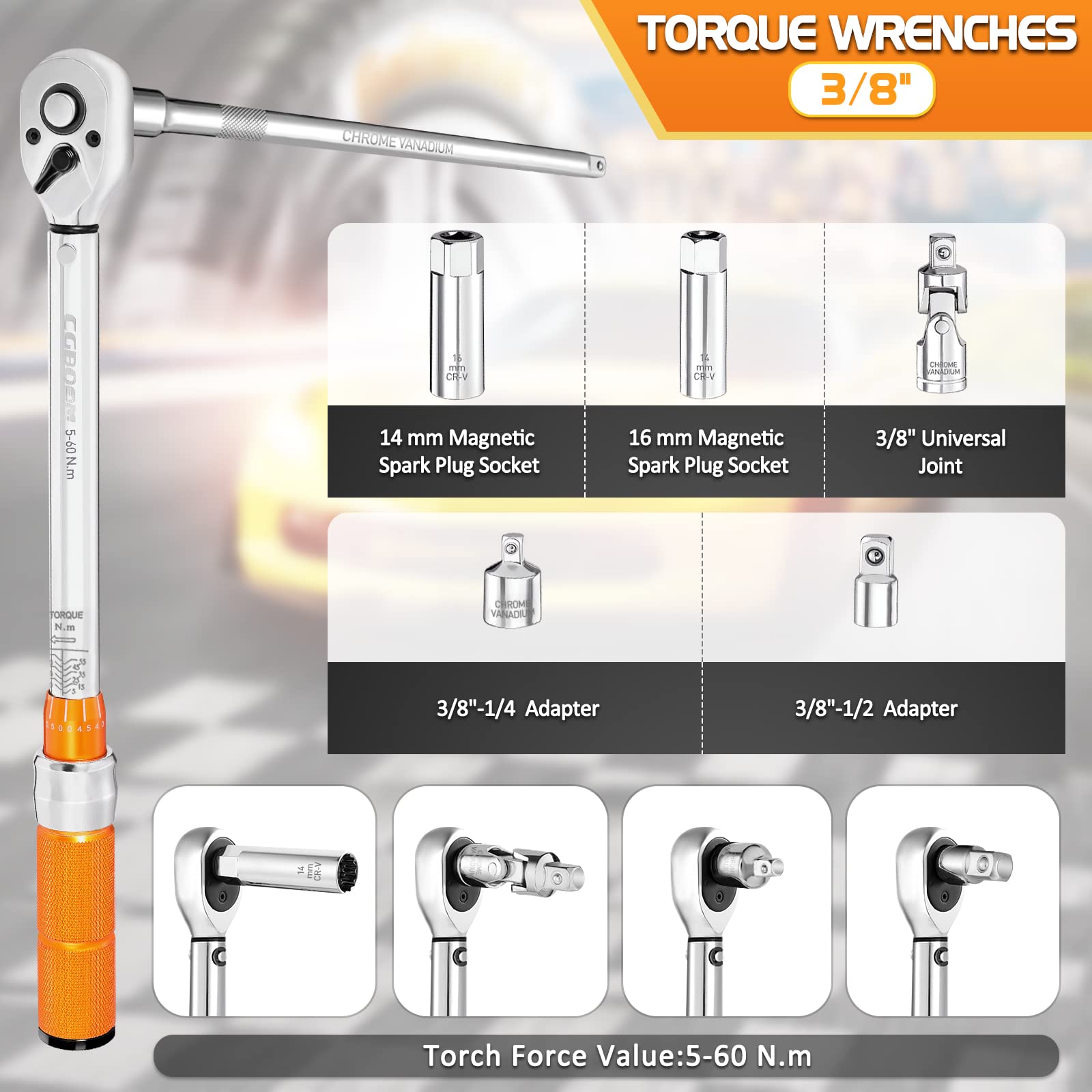 CGBOOM Llave dinamométrica 3/8", 5-60 Nm, juego de llaves dinamométricas para coche, bicicleta y motocicleta, extensión de 250 mm, articulación universal